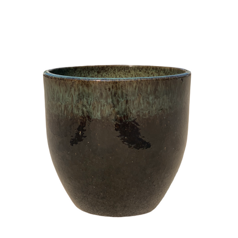 LANCELOT 36x34cm, grande vaso da esterno fatto a mano in terracotta smaltata, resistente al gelo, verde su nero