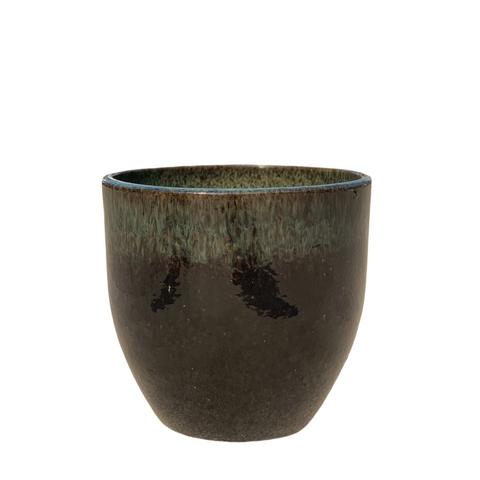 LANCELOT 29x26cm, grande vaso da esterno fatto a mano in terracotta smaltata, resistente al gelo, verde su nero