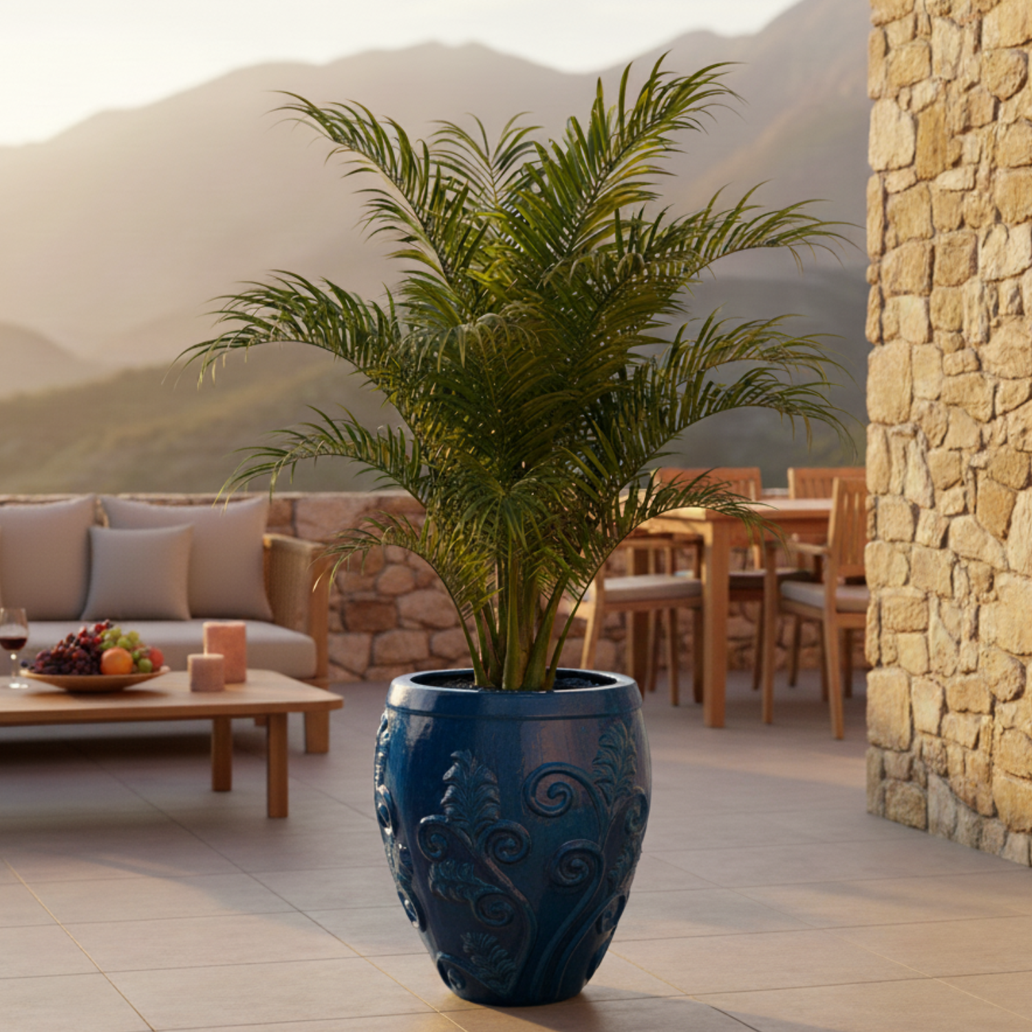 GAIA 53x57cm azure blue, large handmade outdoor pot in glazed terracotta, frost resistant