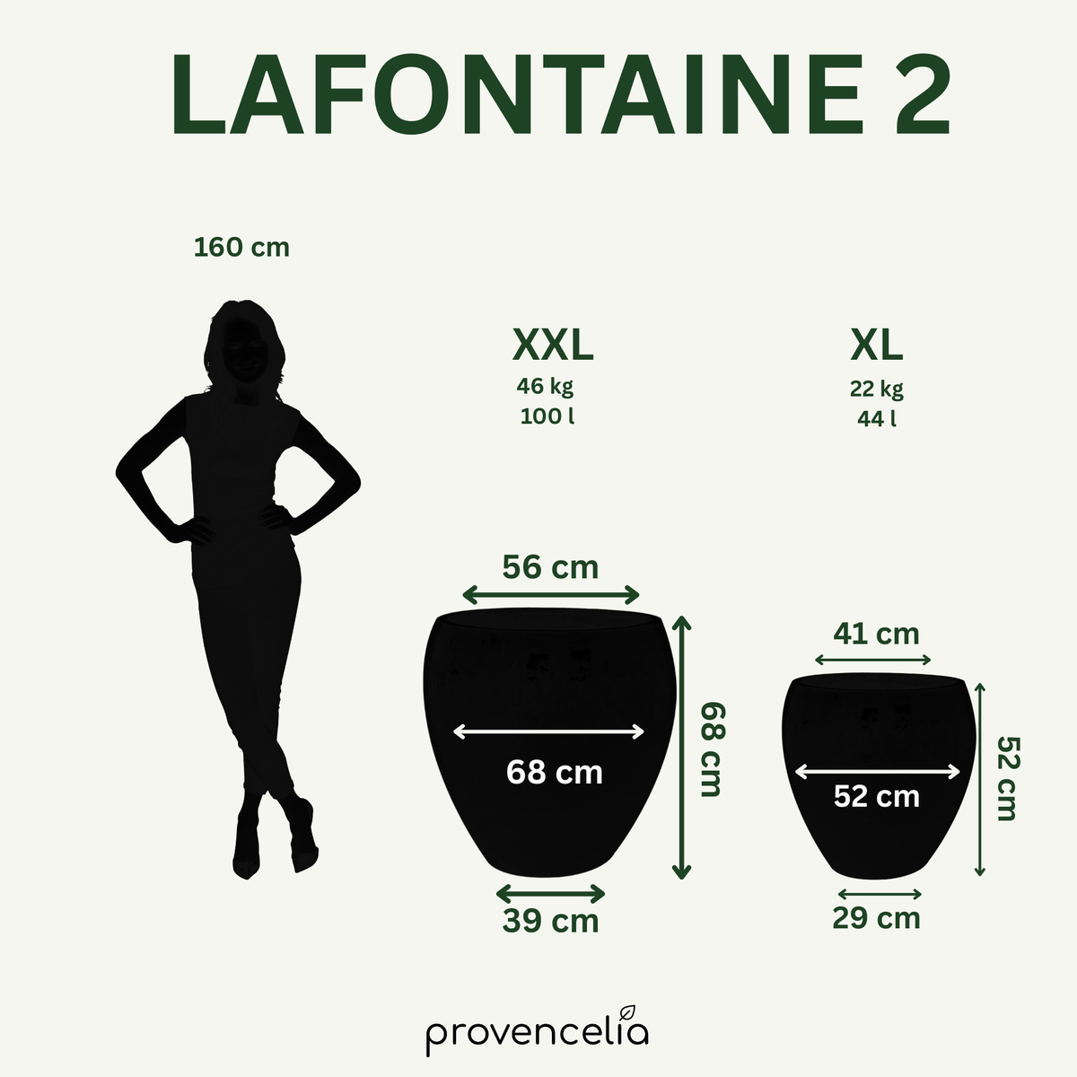 Pot LAFONTAINE2 en forme d’amphore 67x68 cm sunset en terre cuite émaillée, schéma des dimensions et tailles