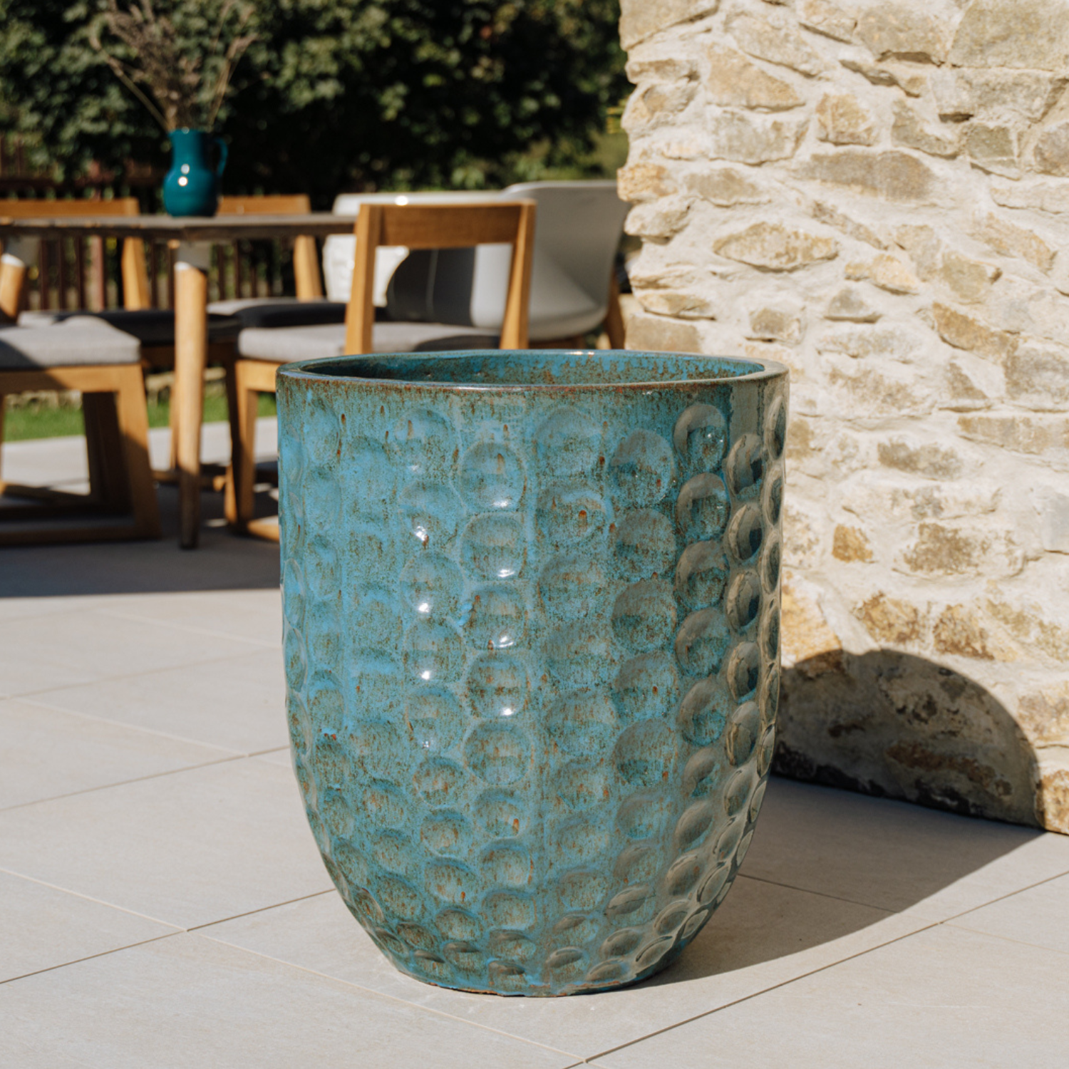 MEROVÉE 55x65 cm, pot grande taille d'extérieur fait main en terre cuite émaillée, résistant au gel, bleu acier