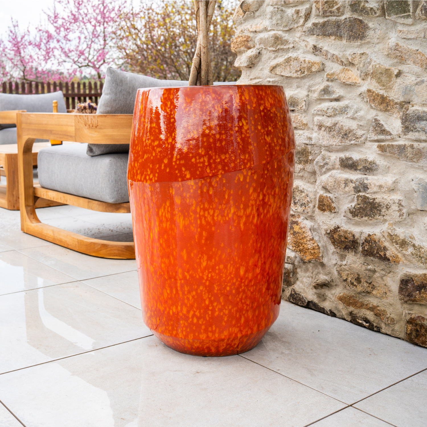 MONACO 44x67 cm, maceta grande para exteriores hecha a mano en terracota vidriada, resistente a las heladas, de color fuego