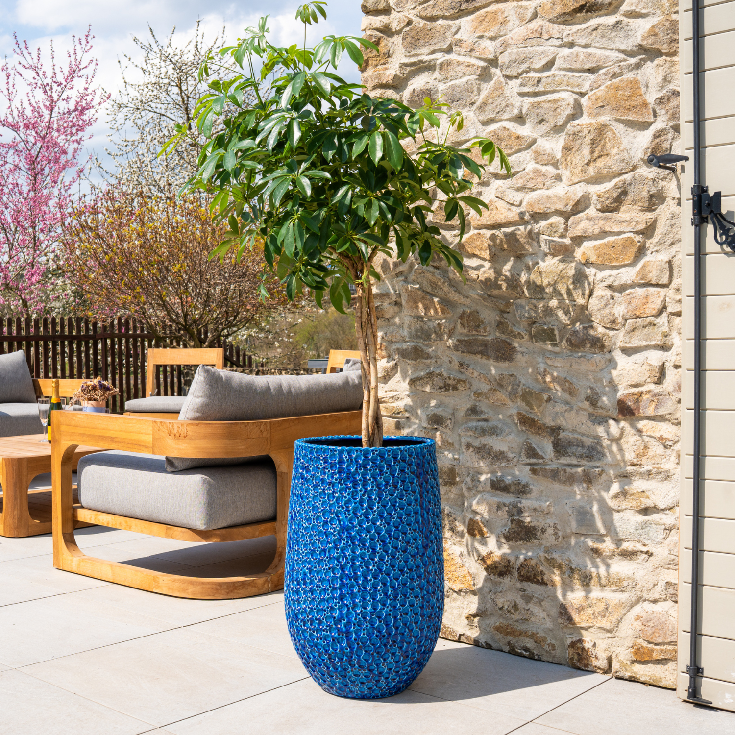 PARÍS 39x63 cm, maceta de terracota vidriada grande para exteriores, resistente a las heladas, azul