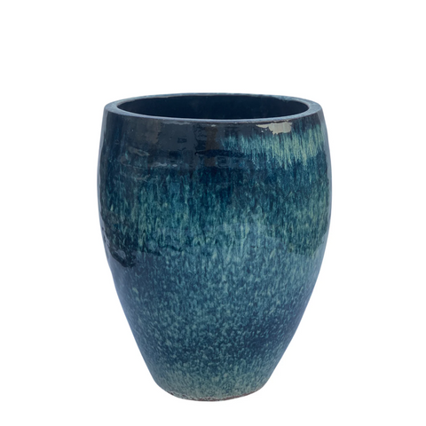 POSEIDON2 36x43cm, maceta grande hecha a mano para exteriores en terracota esmaltada, resistente a las heladas, azul abismo