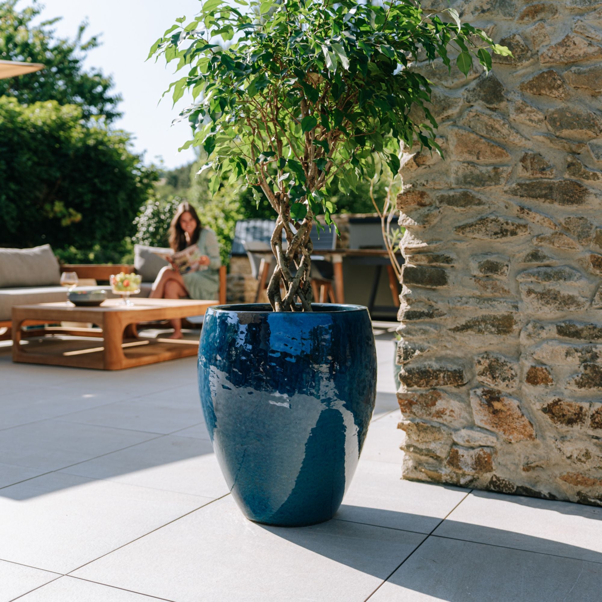 POSEIDON2 46x55cm bleu azur, pot de grande taille d'extérieur fait main en terre cuite émaillée, résistant au gel