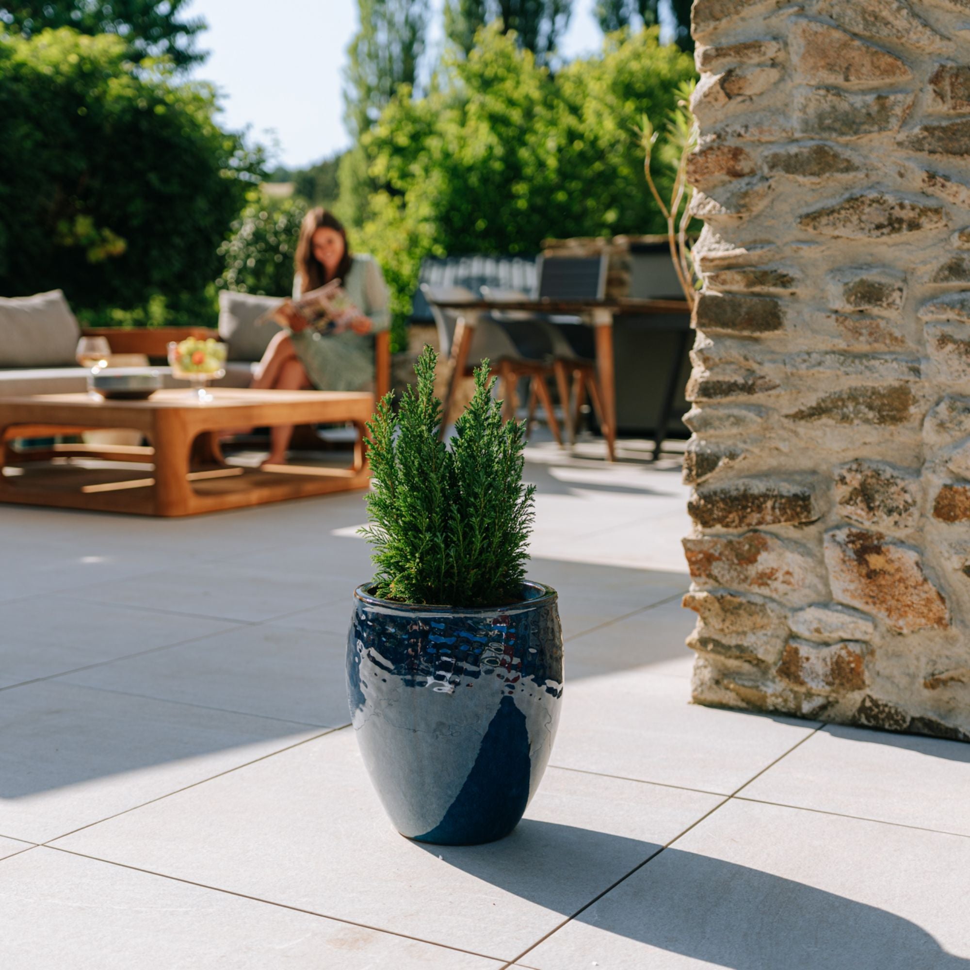 POSEIDON2 28x31cm bleu azur, pot de grande taille d'extérieur fait main en terre cuite émaillée, résistant au gel