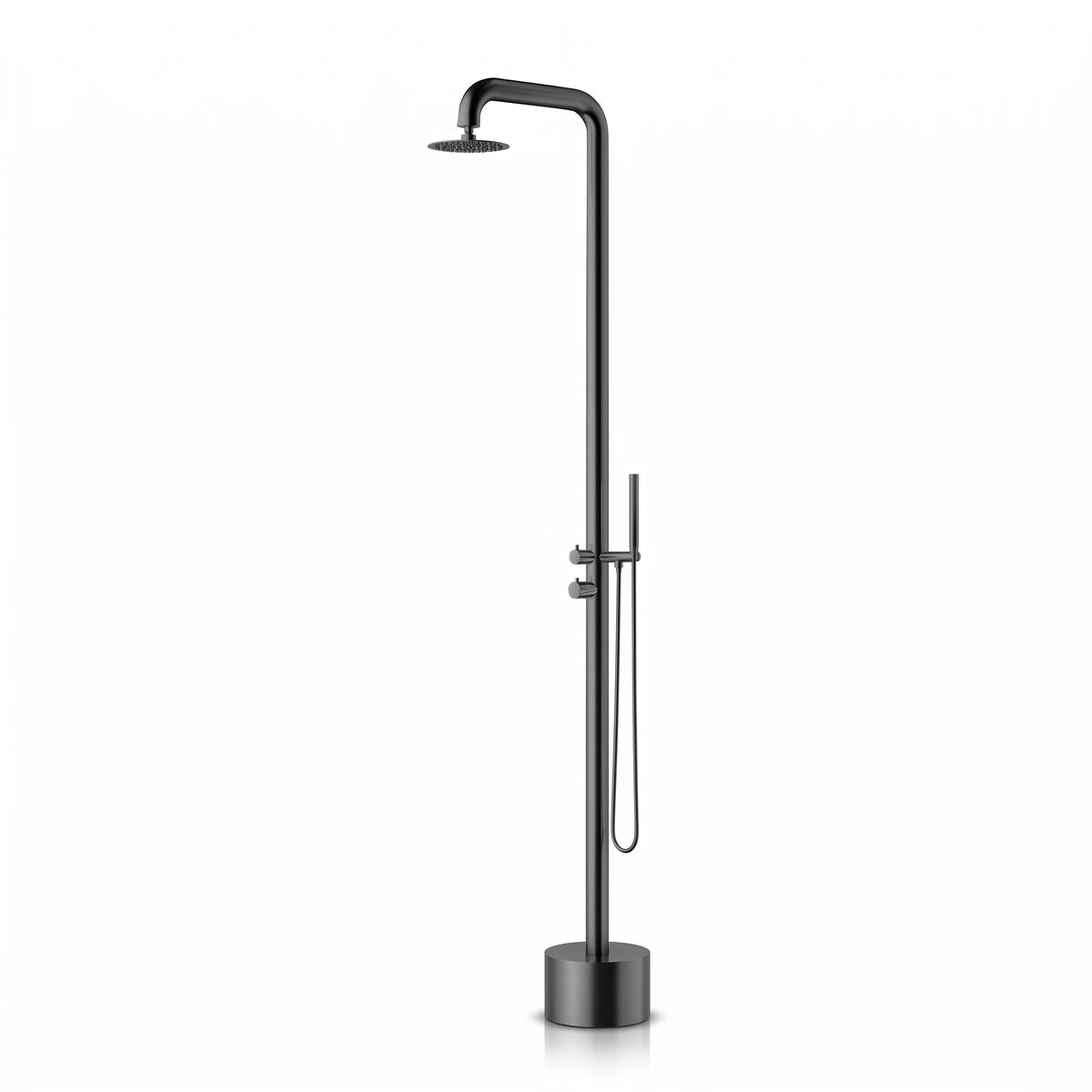 Douche extérieure EQUINOX R gun metal avec pomme haute et douchette sur fond blanc