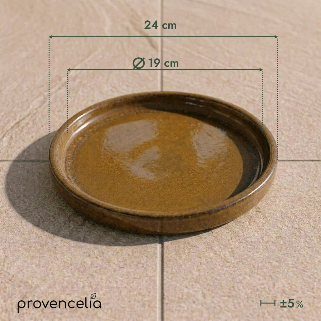 Soucoupe 19 cm miel ambré, vue de dessus avec cotes