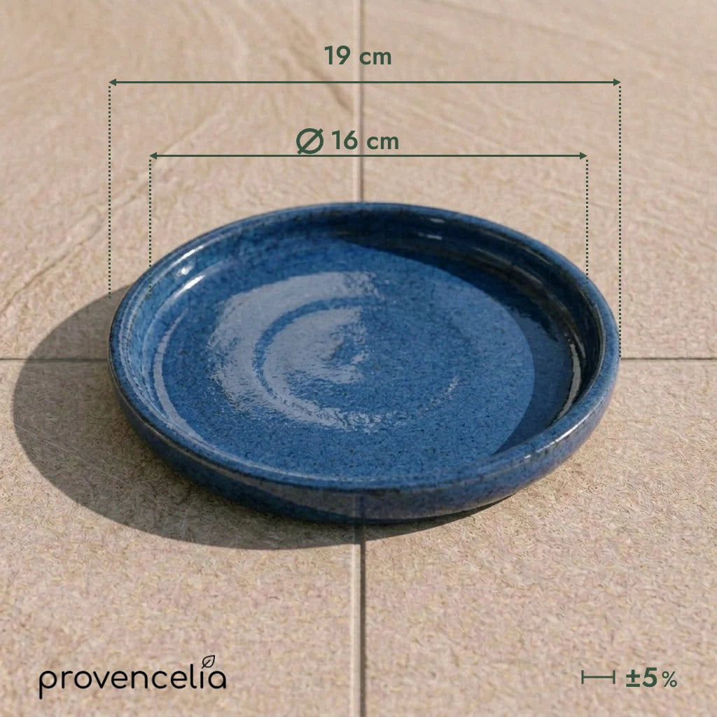 Platillo de 16 cm azul antiguo, vista superior con dimensiones