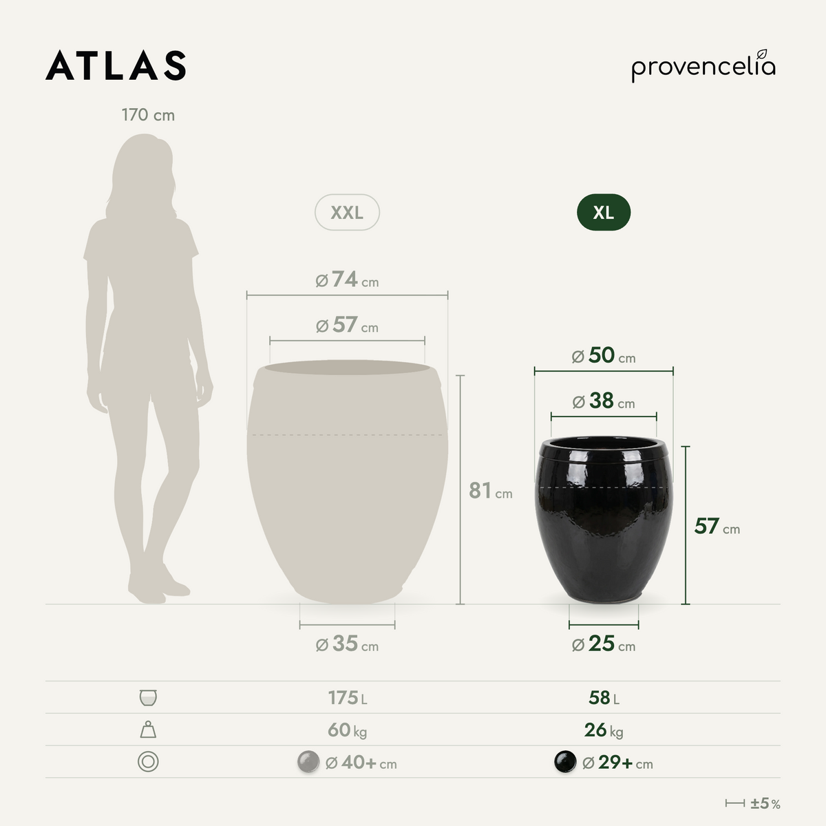 Vaso ATLAS decorativo 52x58 cm Nero in ceramica smaltata, schema delle dimensioni del vaso