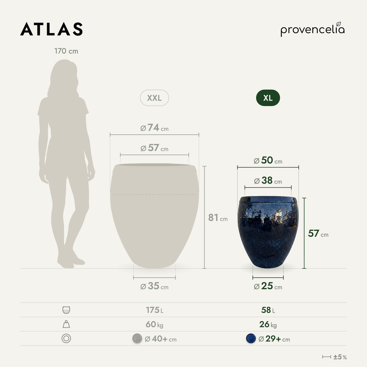 Vaso ATLAS decorativo 52x58 cm Blu notte in ceramica smaltata, schema delle dimensioni del vaso