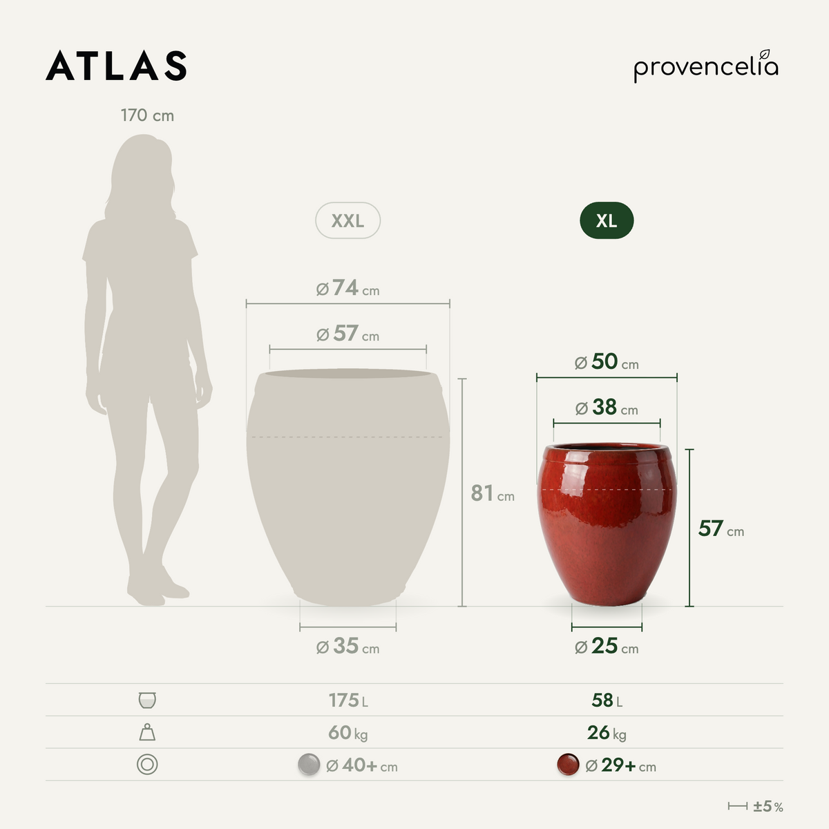 Vaso ATLAS decorativo 52x58 cm Rosso tropicale in ceramica smaltata, schema comparativo delle dimensioni
