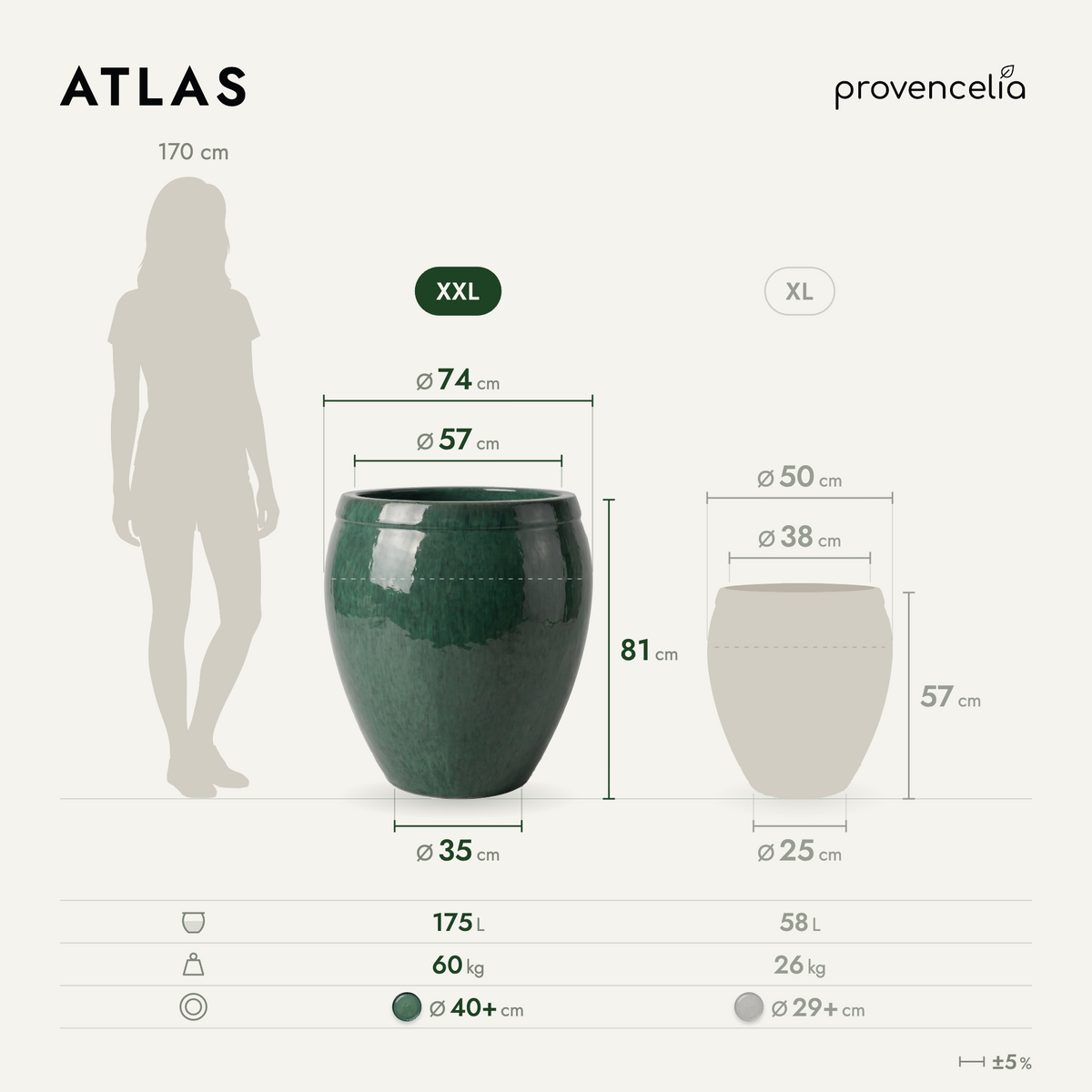 Macetero ATLAS decorativo 75x78 cm jade de cerámica esmaltada, vista frontal con dimensiones
