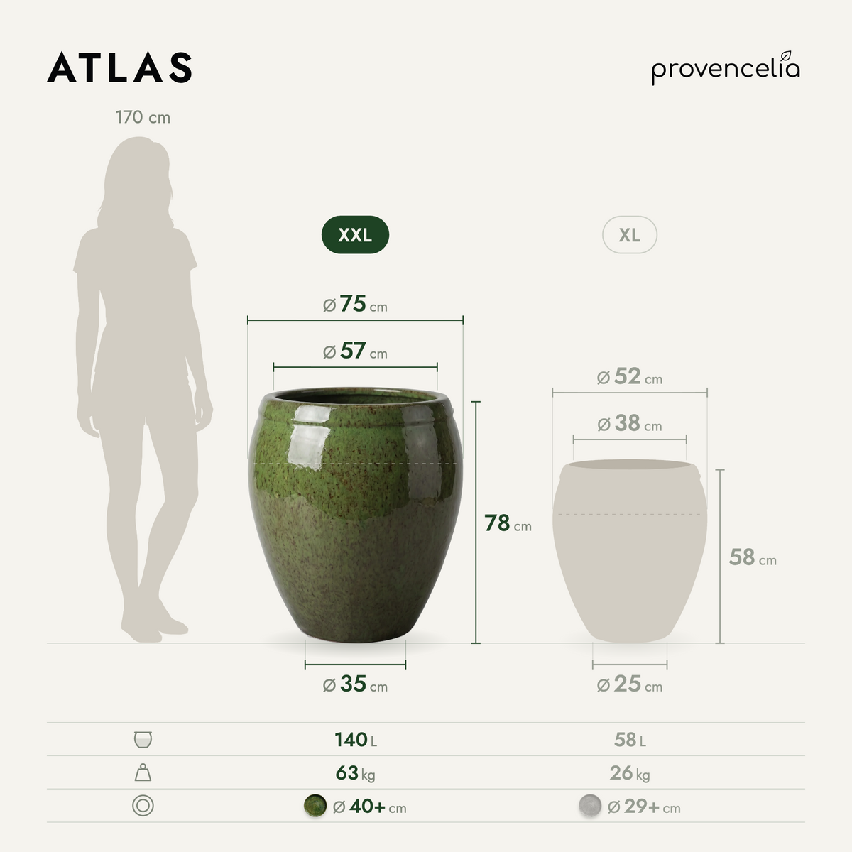 Pot ATLAS décoratif 75x78 cm vert tropical en terre cuite émaillée, schéma des dimensions