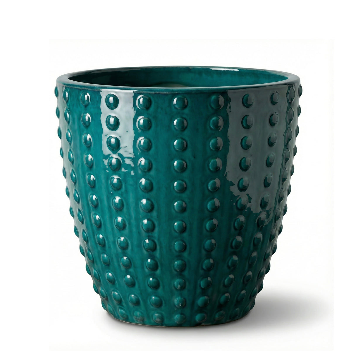 Macetero ATTILA decorativo 38 × 37 cm azul petróleo de cerámica esmaltada, vista frontal sobre fondo blanco
