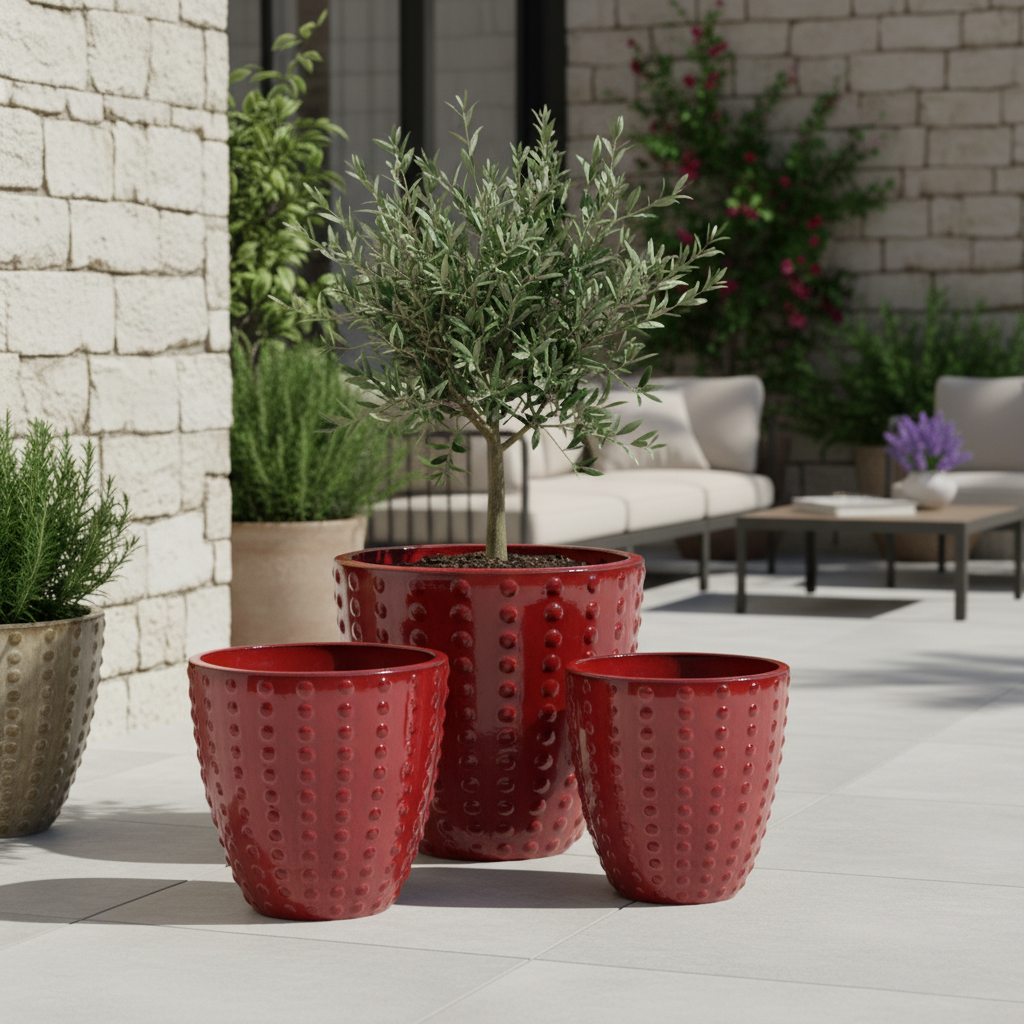 Vaso Attila decorativo rosso imperiale in ceramica smaltata, trio di vasi su una terrazza