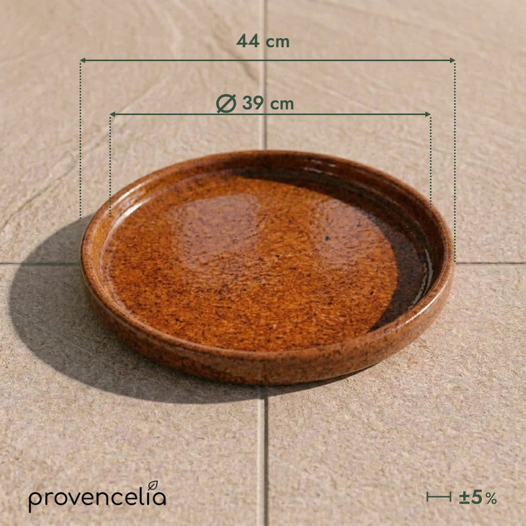 39 cm autumn rust saucer, overhead view with dimensions