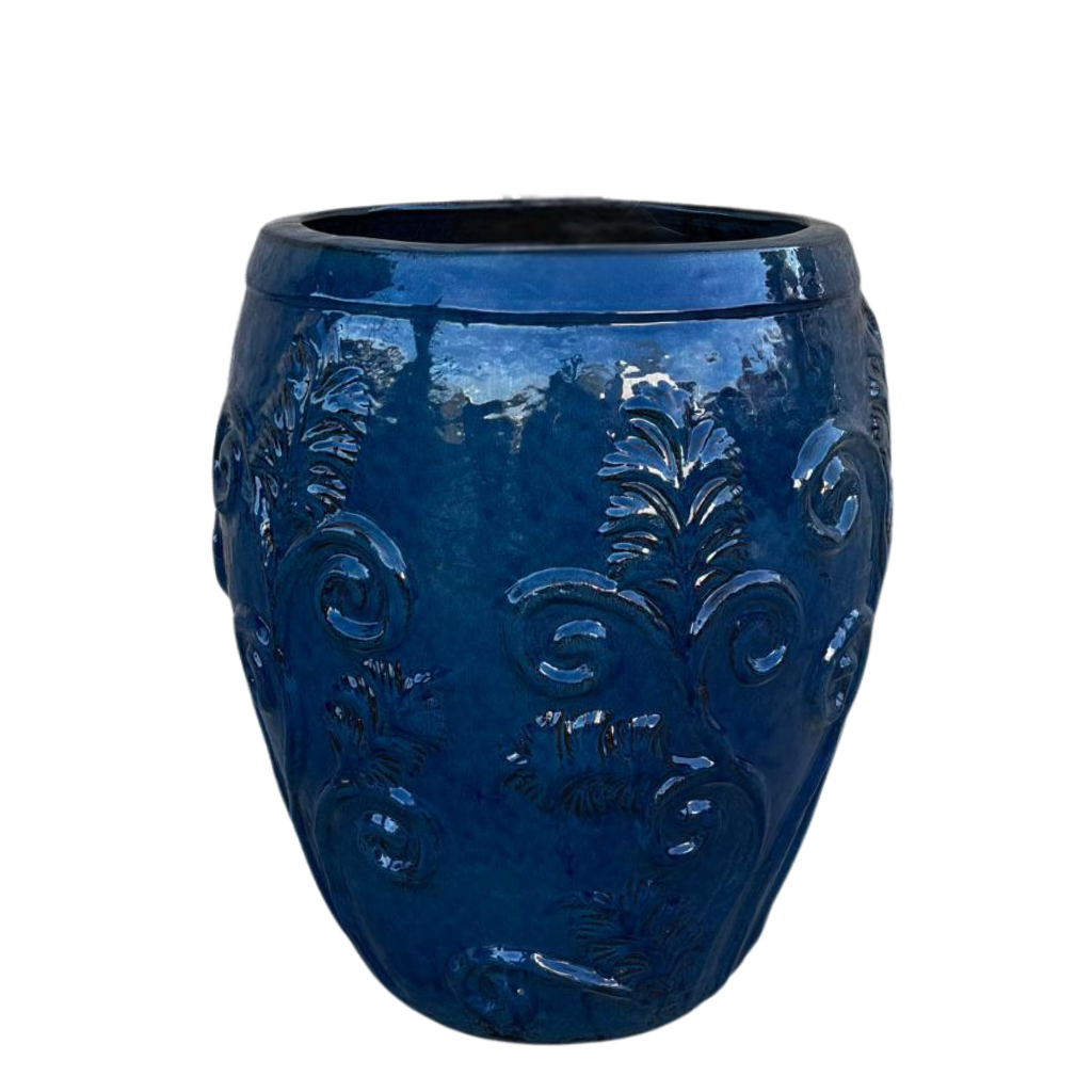 Pot Gaia décoratif 53x57 cm bleu azur en terre cuite émaillée, vue de face sur fond blanc