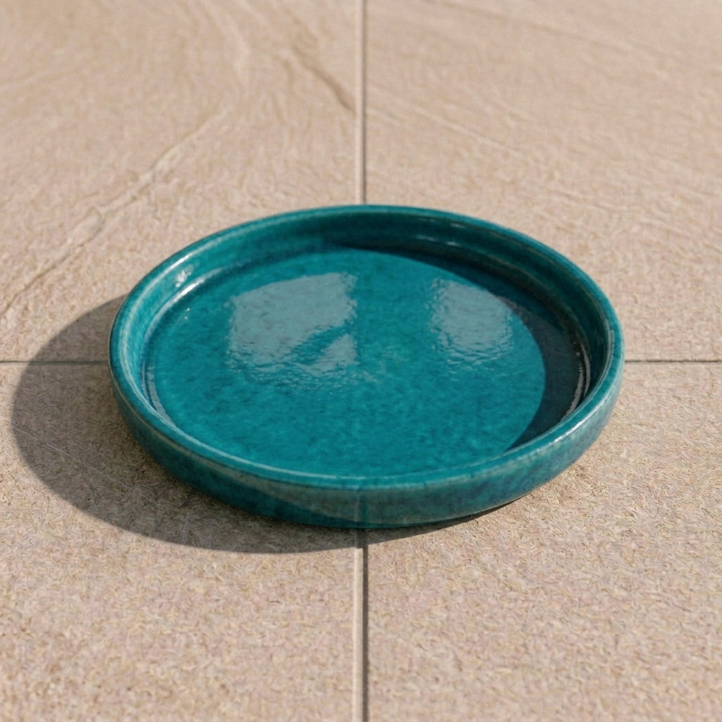 Turquoise keramische schotel voor plantenbak – vorstbestendig