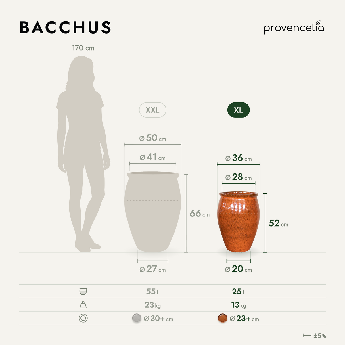Macetero BACCHUS en forma de ánfora 36x52 cm óxido otoñal de cerámica esmaltada, vista comparativa de los tamaños