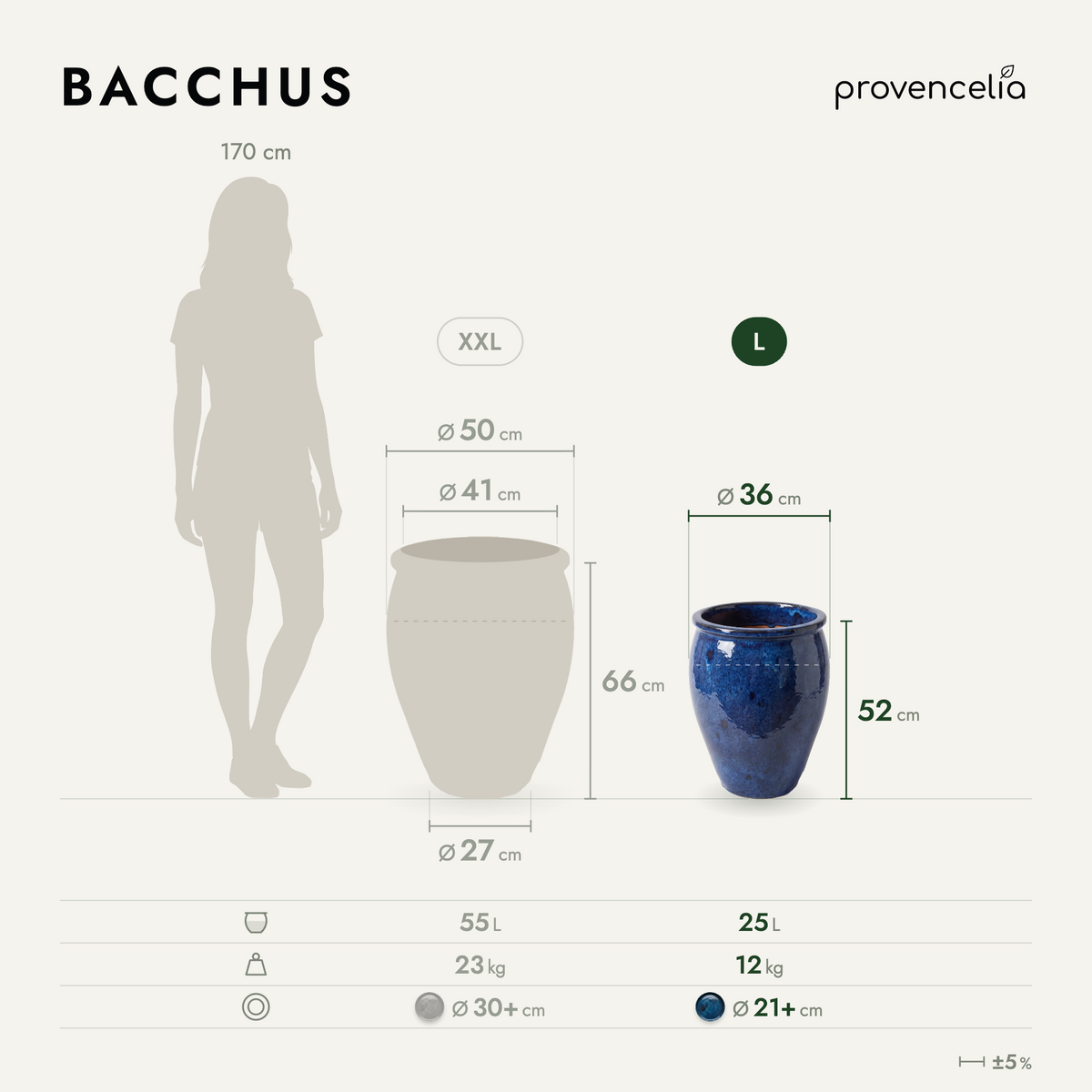 Pot BACCHUS en forme d’amphore 36x52 cm bleu azur en terre cuite émaillée, vue de face avec dimensions