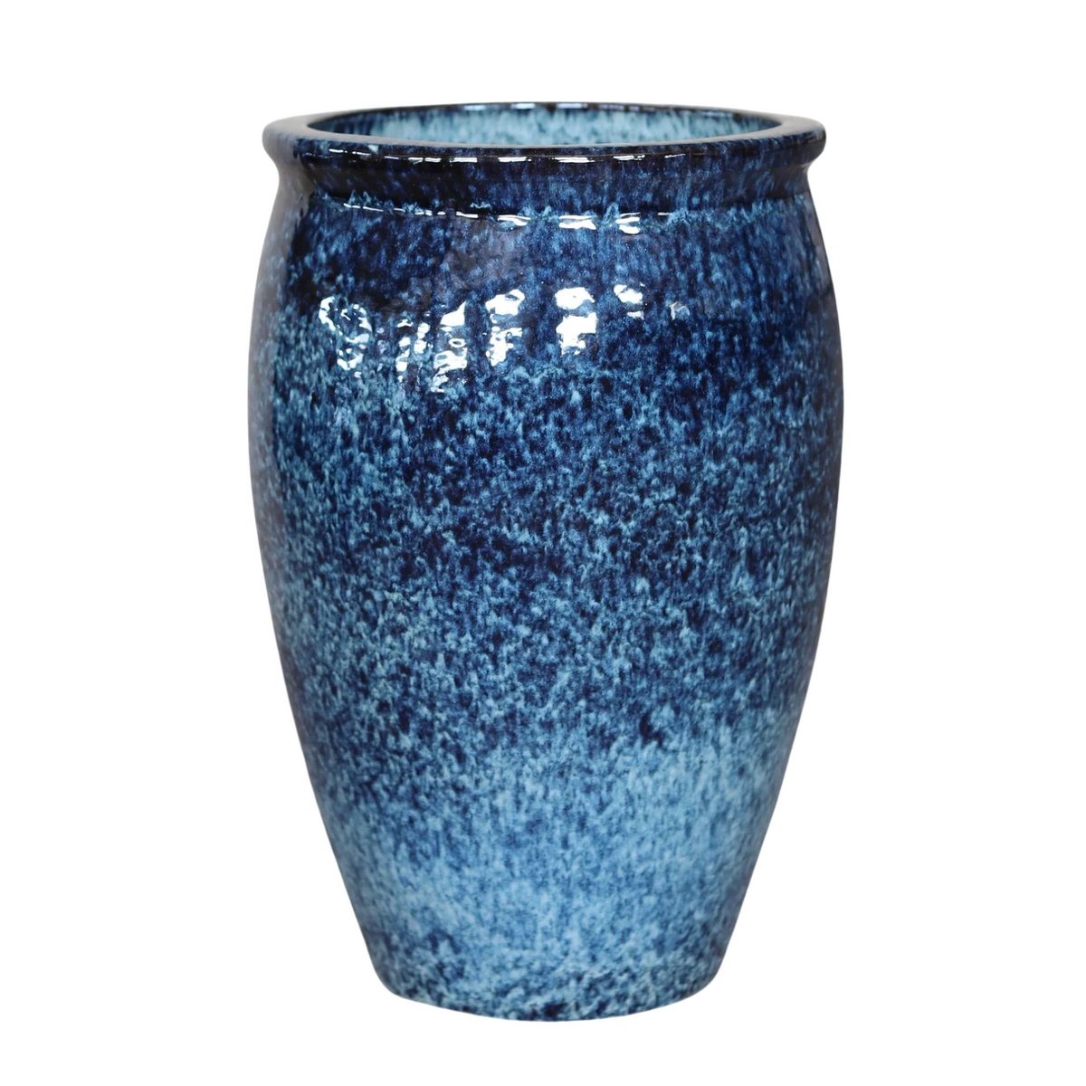Pot BACCHUS en forme d’amphore 50x68 cm bleu abysse en terre cuite émaillée, vue de face sur fond blanc