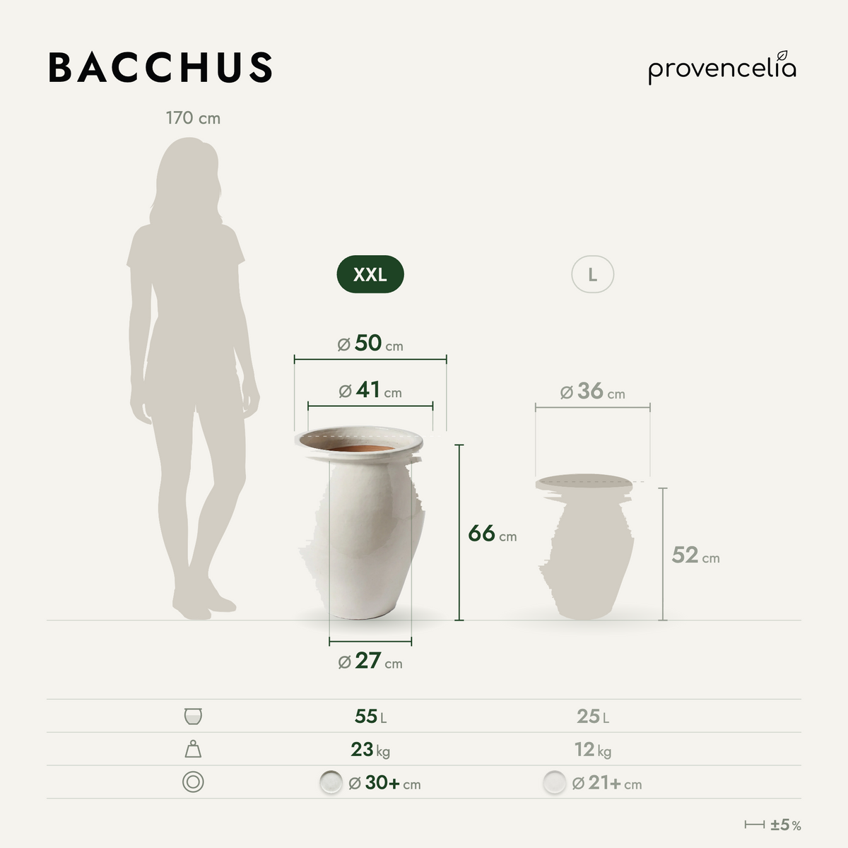 Pot BACCHUS en forme d’amphore 50x68 cm crème en terre cuite émaillée, avec dimensions et silhouette