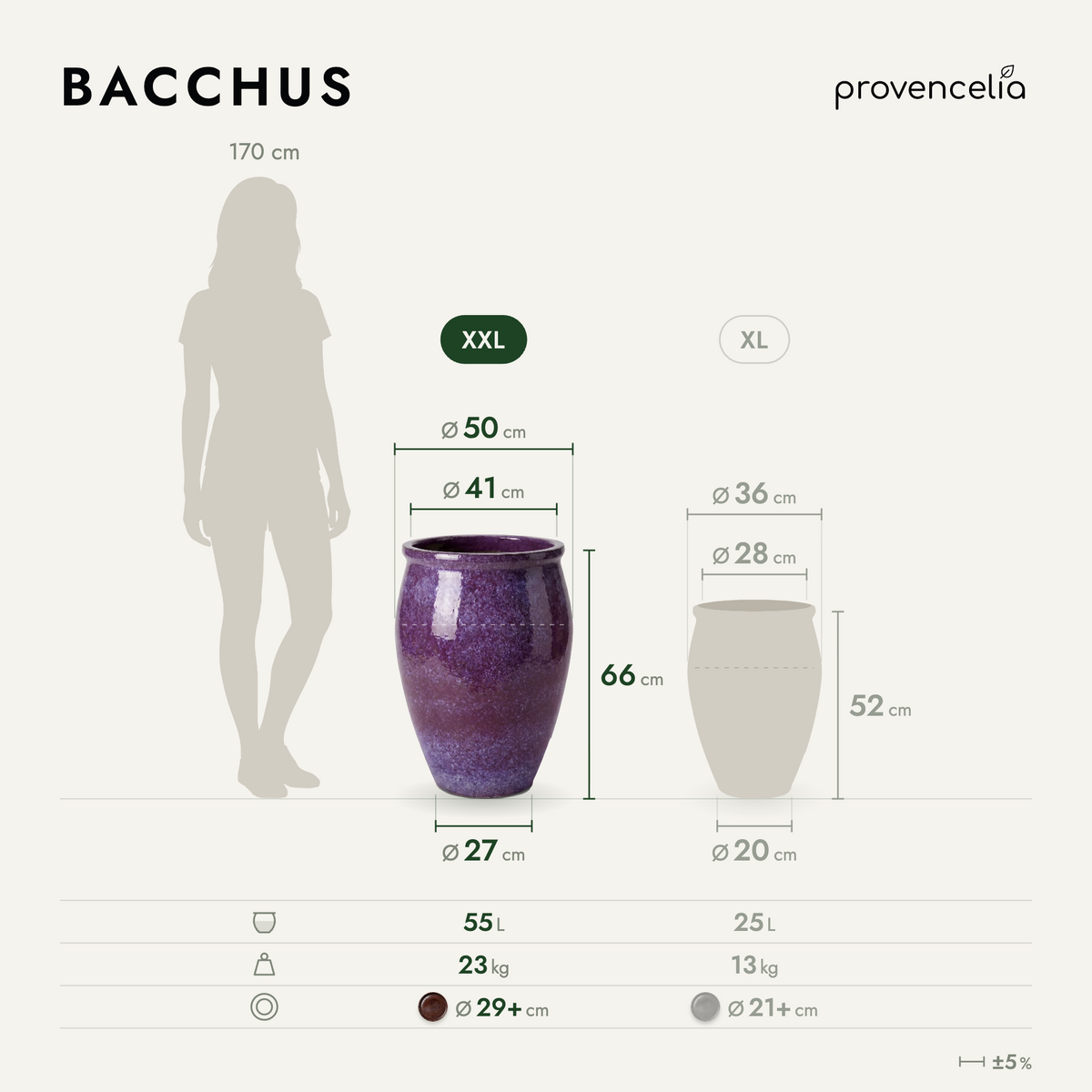 Macetero BACCHUS con forma de ánfora 50x68 cm violeta claro de cerámica esmaltada, vista frontal con dimensiones