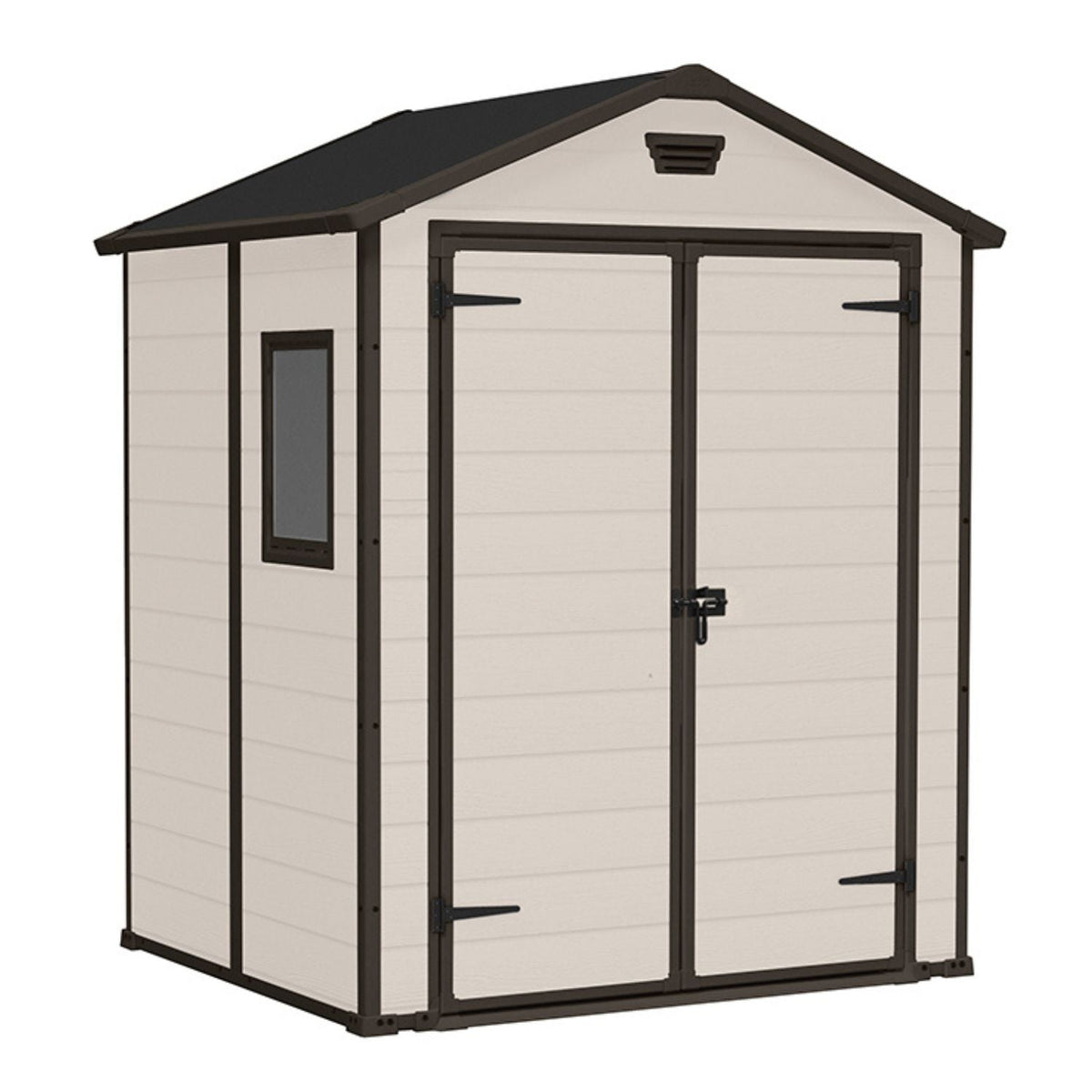 Abri de jardin MANOR beige avec doubles portes, vu de trois quarts sur fond blanc