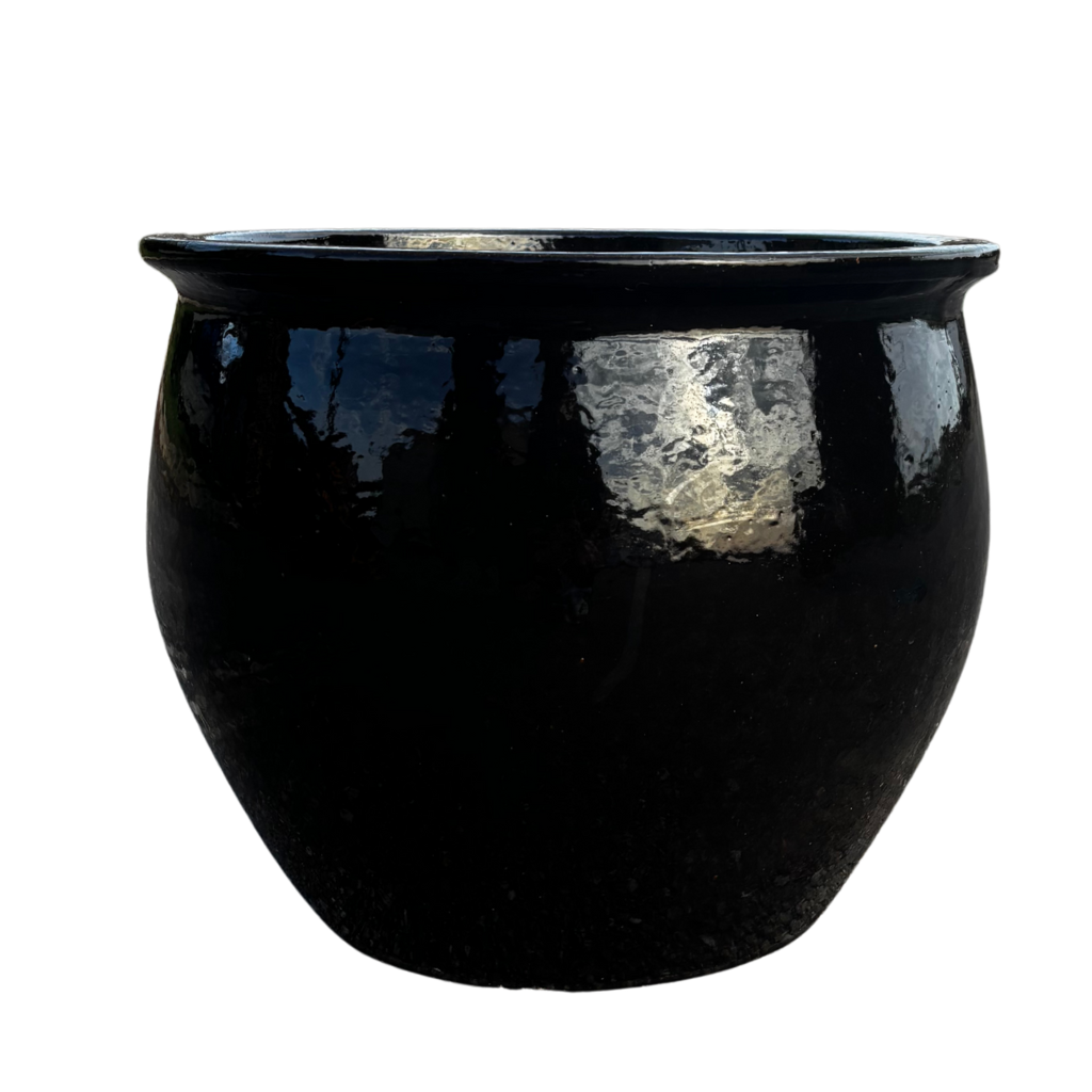 Pot Newton rond 55x46 cm noir en terre cuite émaillée, vue de face sur fond blanc