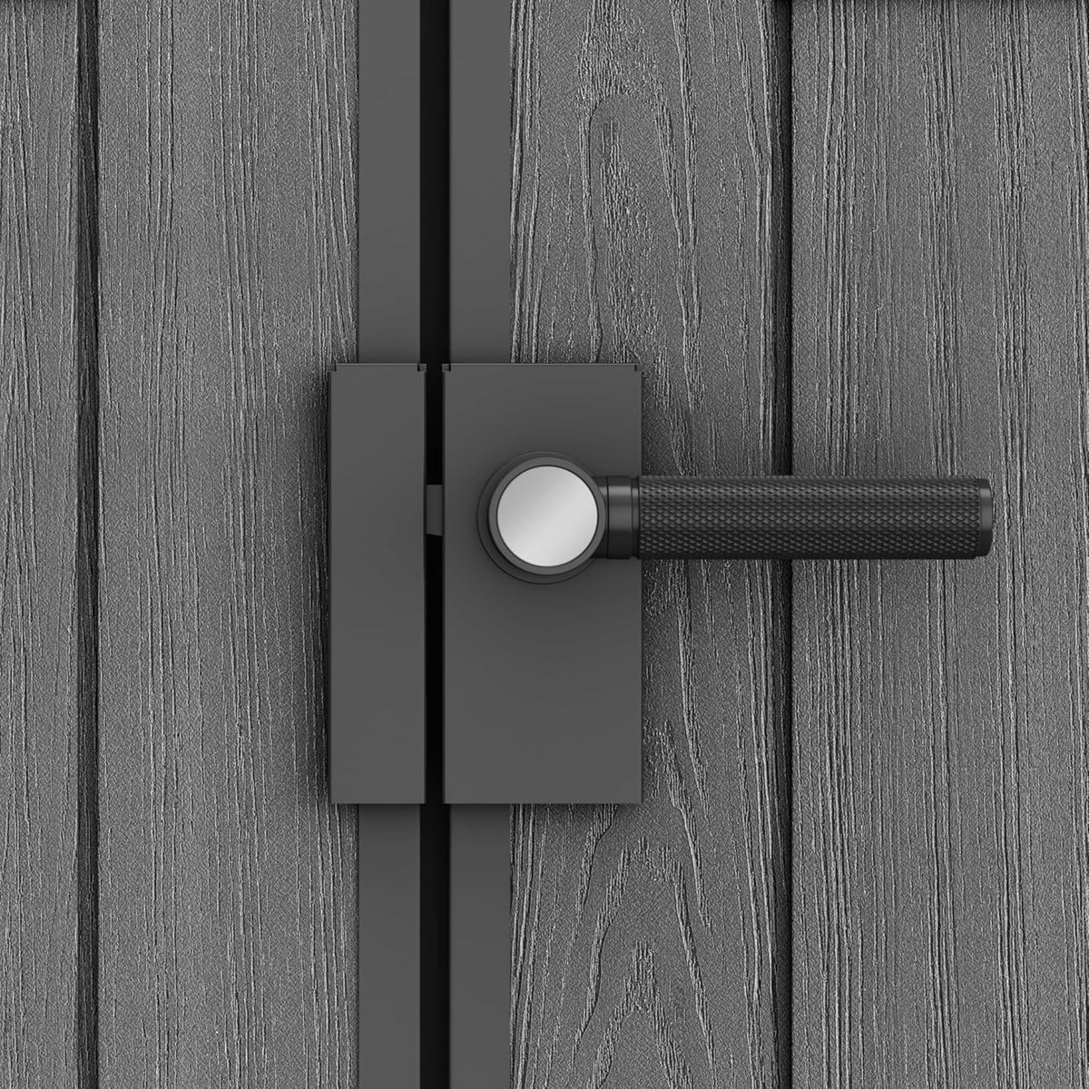 Gros plan sur la poignée noire d'une porte d'abri Darwin effet bois