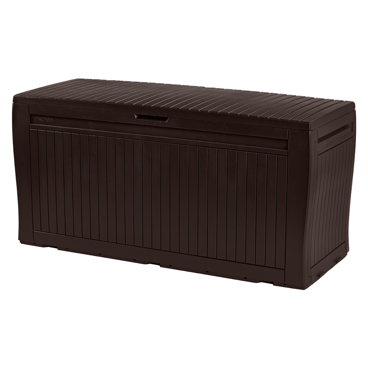 Coffre de jardin Comfy marron fermé, finition imitation bois sur fond blanc