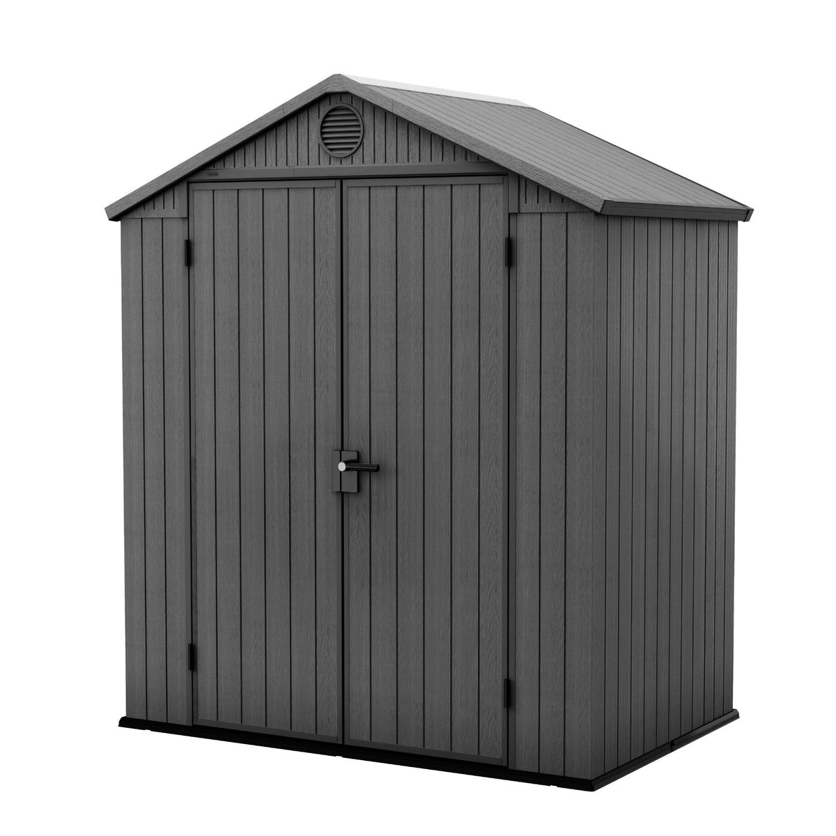 Abri de jardin DARWIN 6x4 gris fermé, vu de trois quarts sur fond blanc