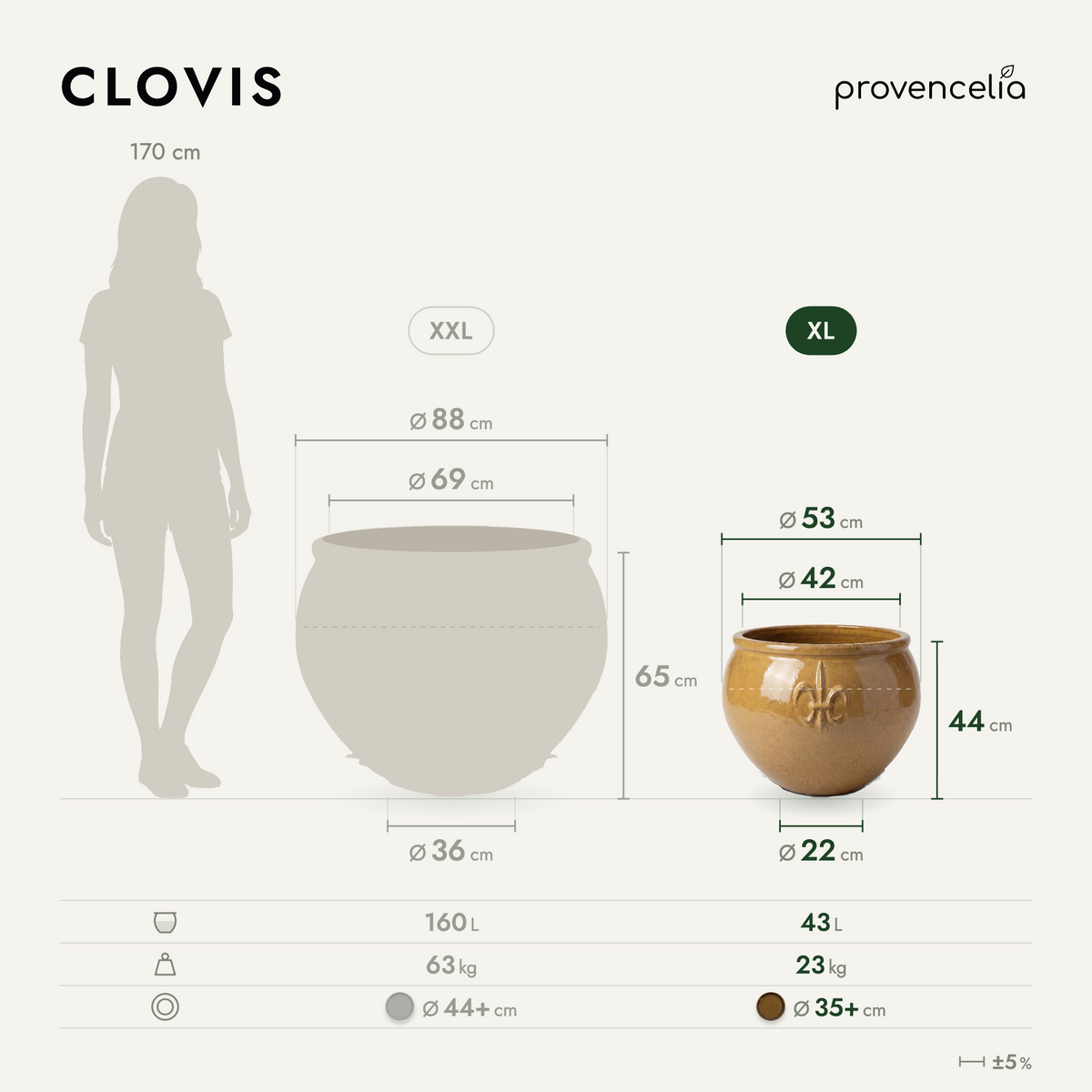 CLOVIS planter 53x43 cm amber honey glazed ceramic, planter dimension diagram