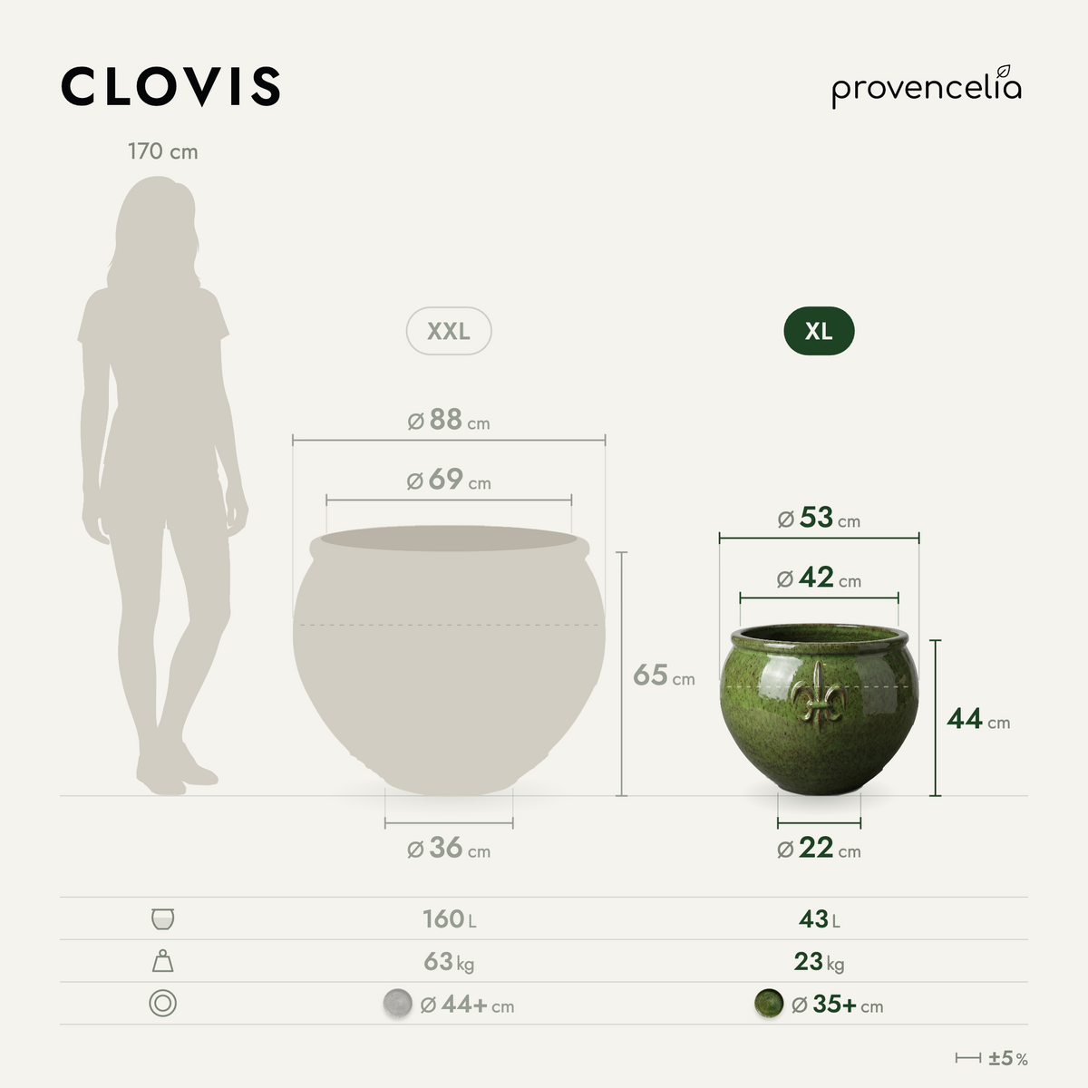 CLOVIS planter 53x43 cm tropical green glazed ceramic, front view with dimensions