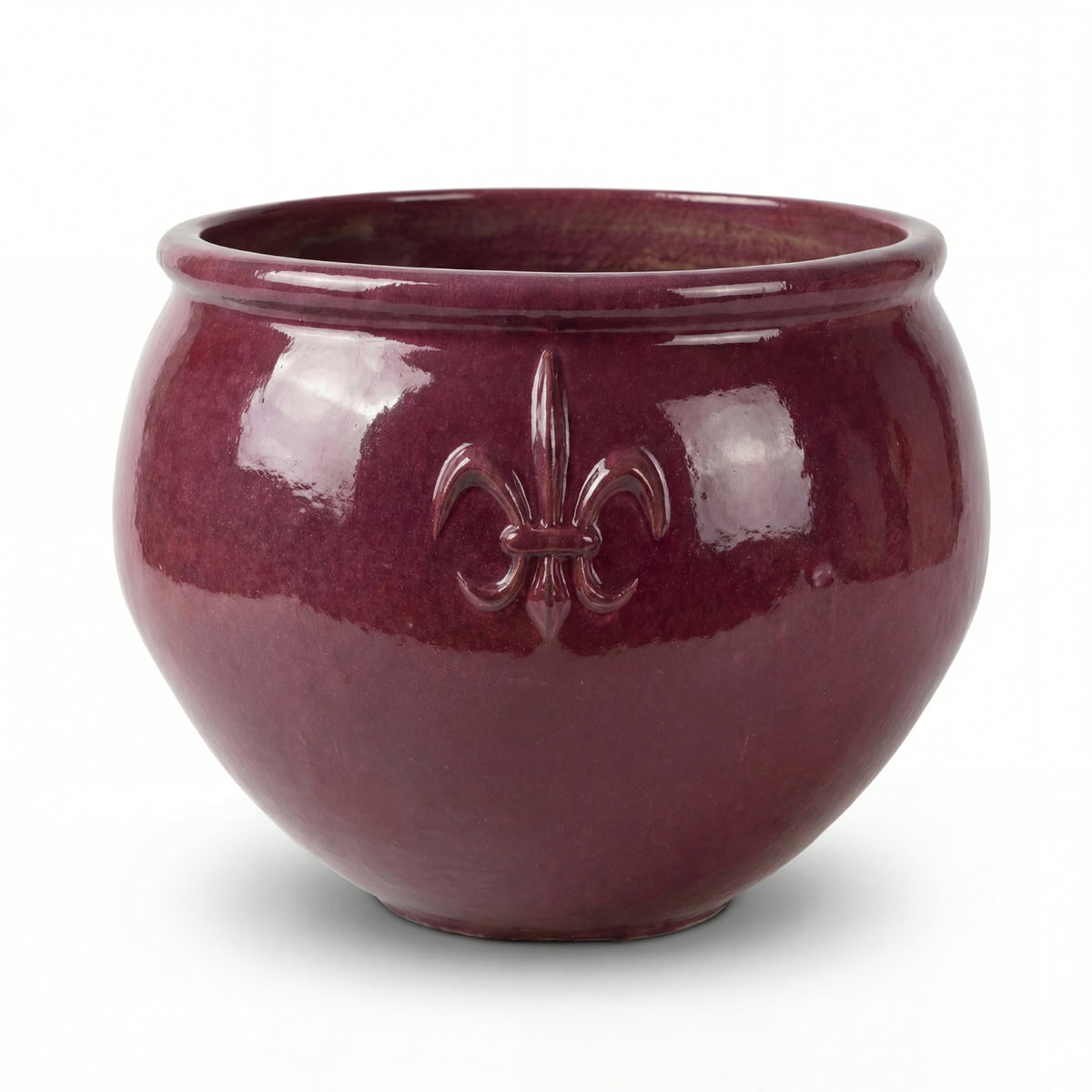 Clovis planter 86x64 cm Purple in glazed ceramic, front view on a white background