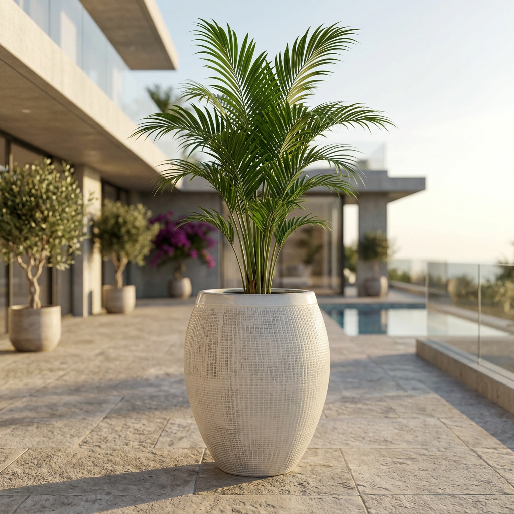 Plantenbak Cocoon 66 × 76 cm crème van geglazuurd keramiek, met palmboom op een terras