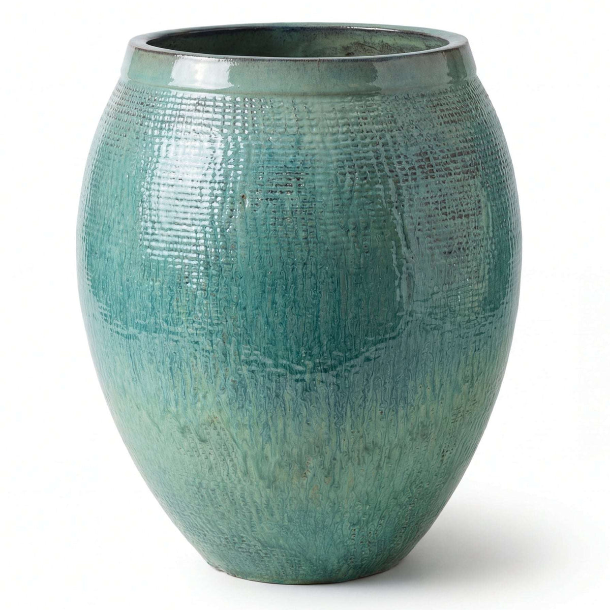 Cocoon planter 66x76 cm Ocean Blue in glazed ceramic, front view on a white background
