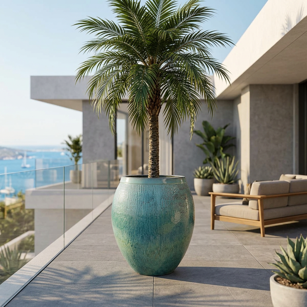 Pot Cocoon 66x76 cm bleu océan en terre cuite émaillée, palmier sur une terrasse face à la mer