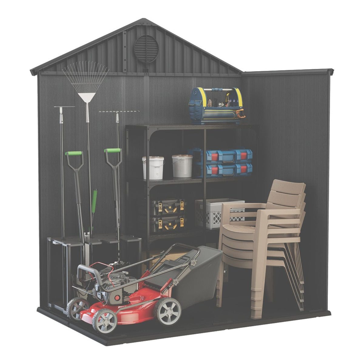 Vue en coupe de l'abri DARWIN 6x4 gris avec tondeuse, outils et chaises