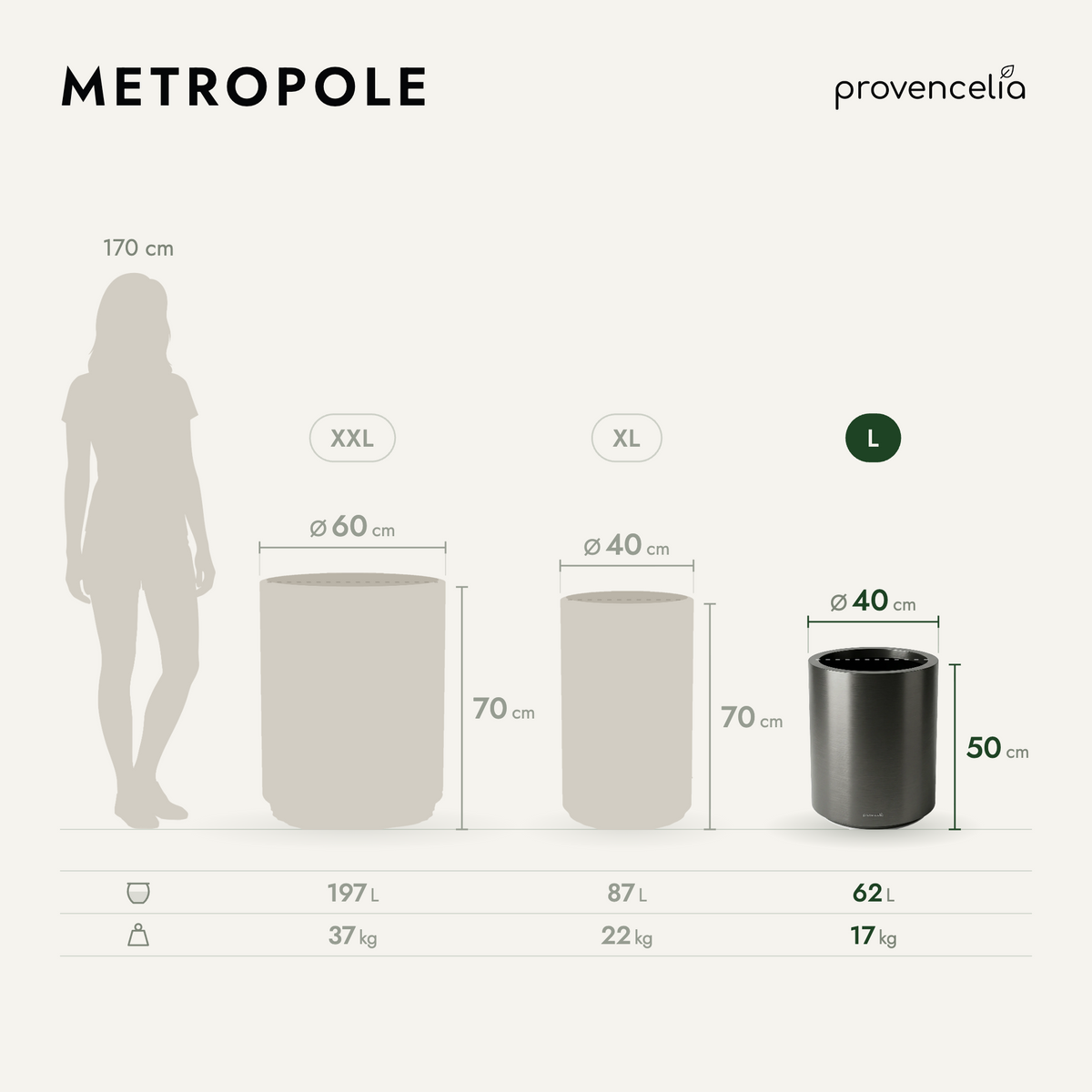 Vaso MÉTROPOLE cilindrico 40x50 cm Metallo Gun in metallo zincato, con schema delle dimensioni