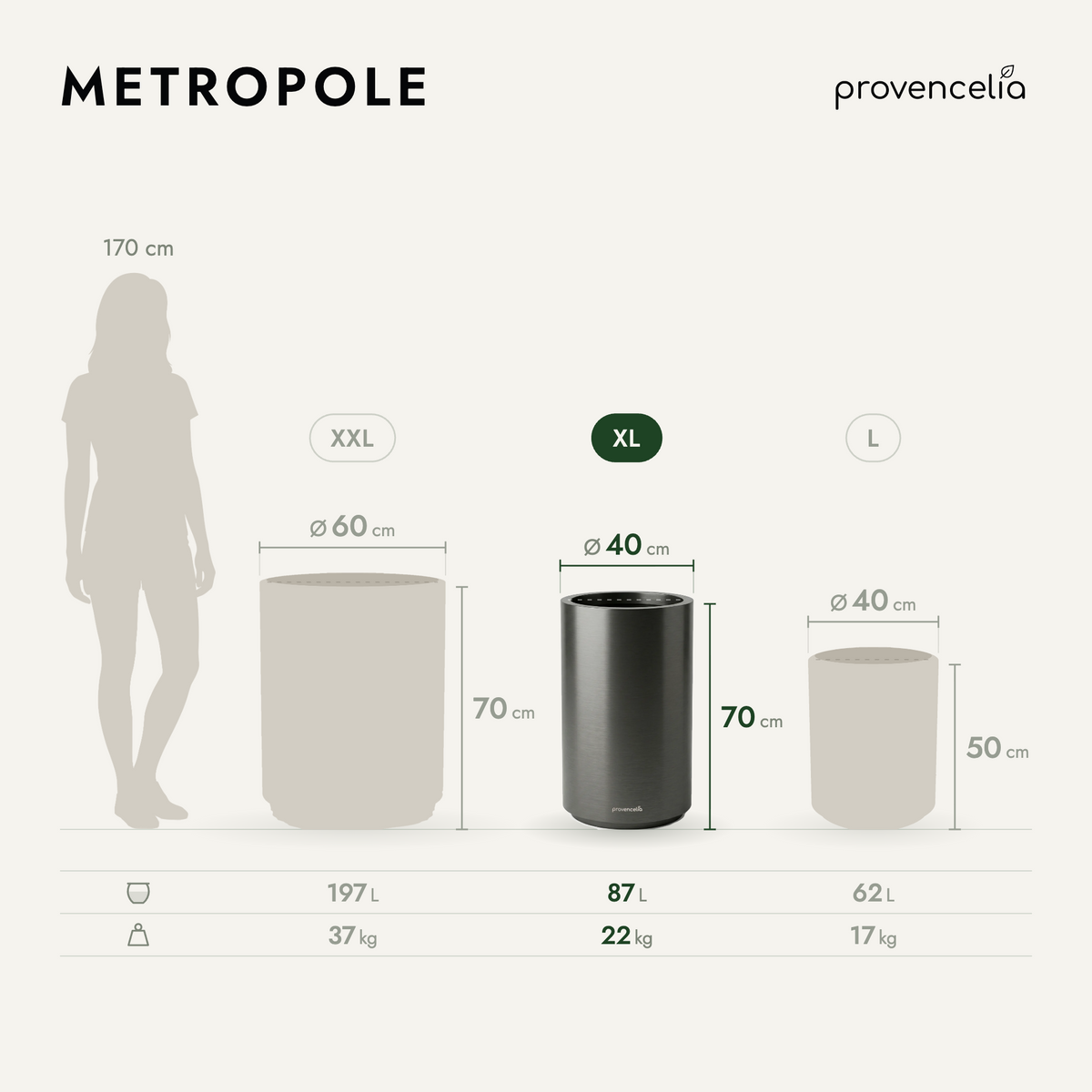 Vaso MÉTROPOLE cilindrico 40x70 cm Metallo Gun in metallo zincato, vista comparativa delle dimensioni