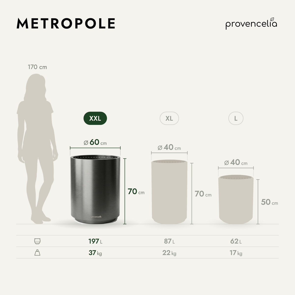 Cylindrical MÉTROPOLE planter 60x70 cm Gun Metal in galvanised metal, comparison of the three sizes