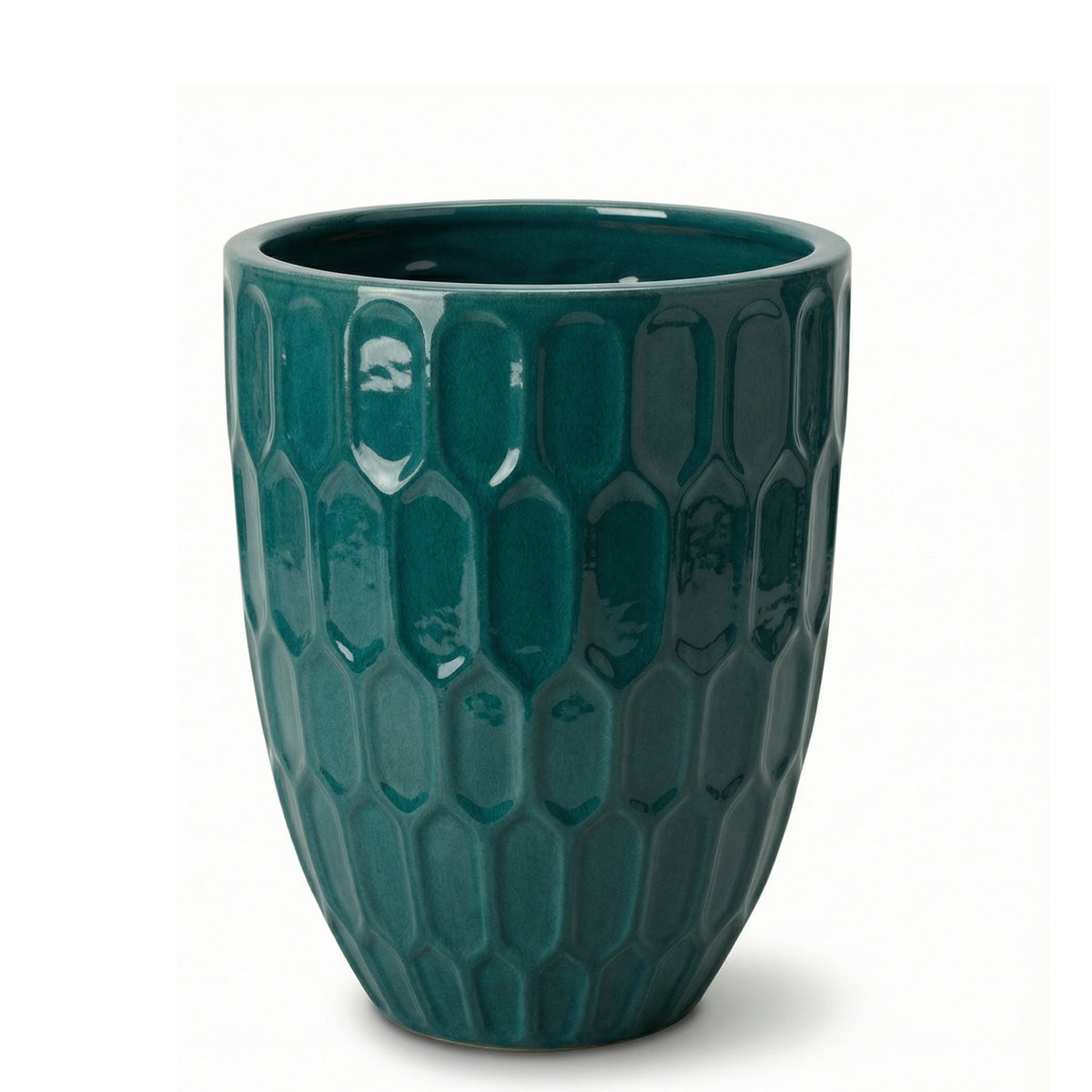 Pot Daudet décoratif 32x40 cm bleu pétrole en terre cuite émaillée, vue de face sur fond blanc