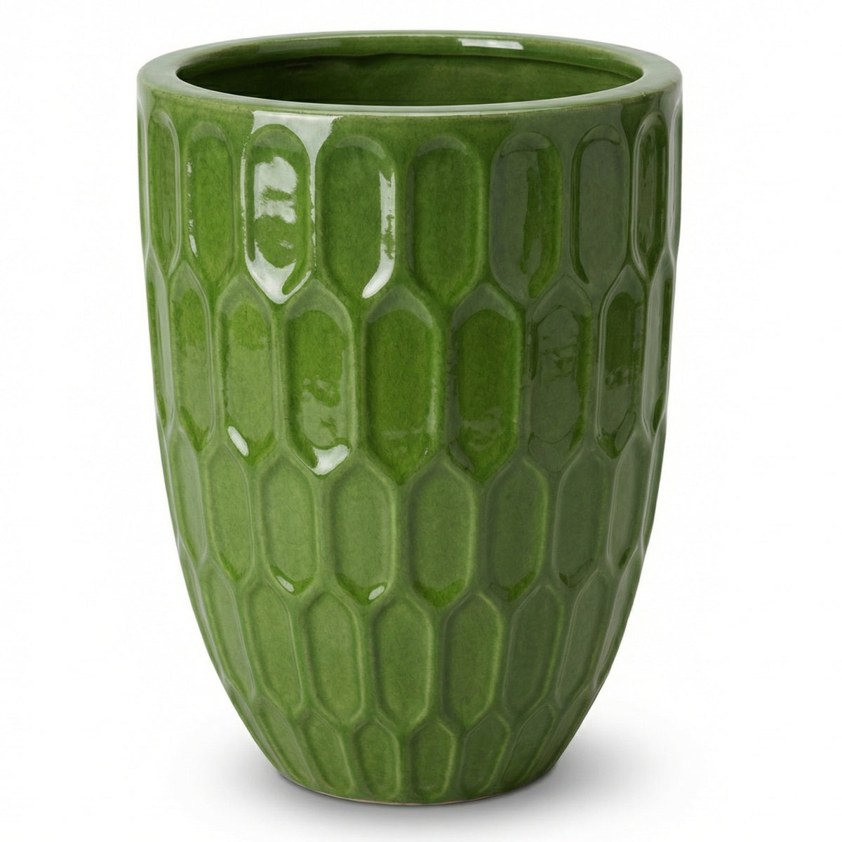 Pot Daudet décoratif 41x55 cm vert pomme en terre cuite émaillée, vue de face sur fond blanc