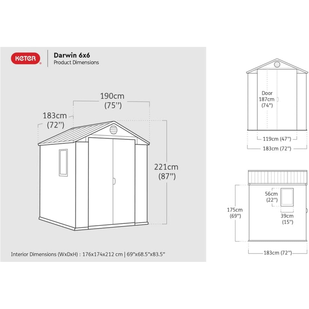 Schéma des dimensions de l’abri de jardin DARWIN 6x6 avec vues de face et latérale