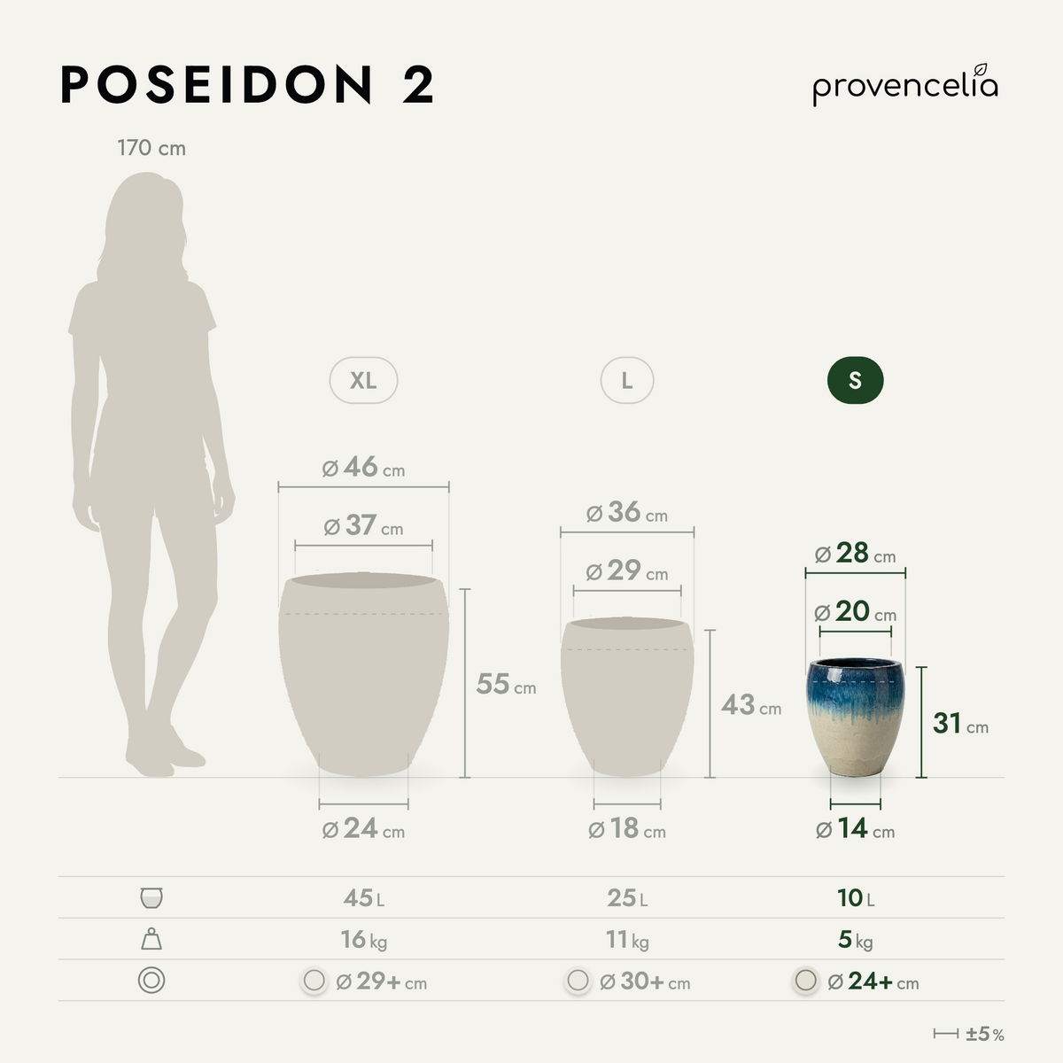 Pot POSEIDON2 rond 28x31 cm ciel d’avril en terre cuite émaillée, schéma des dimensions