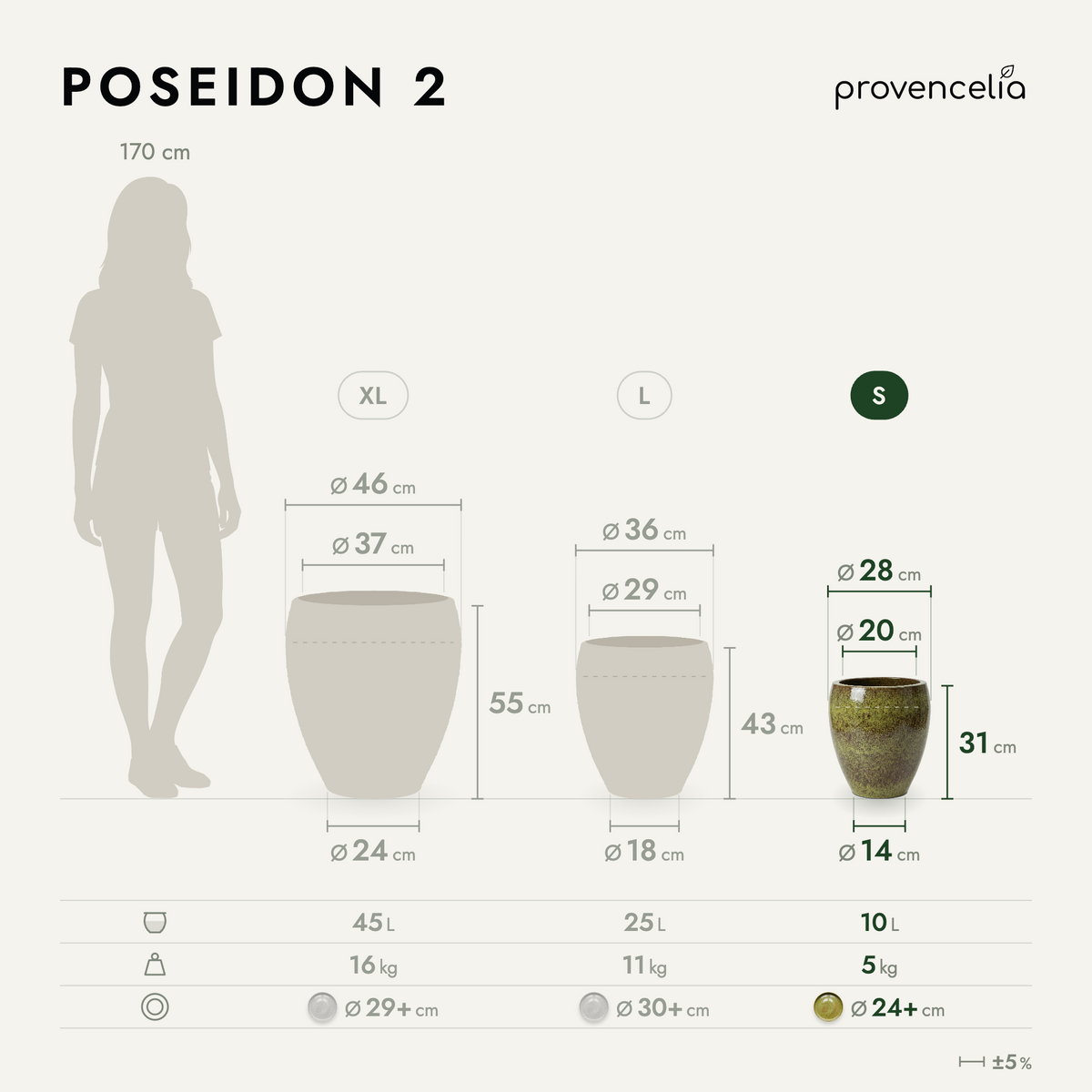 Pot POSEIDON2 rond 28x31 cm vert de lac en terre cuite émaillée, schéma des dimensions taille S