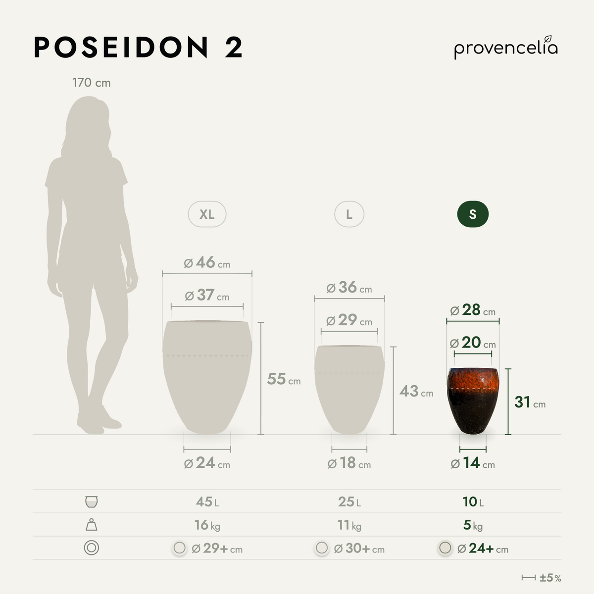 Round POSEIDON2 planter 28x31 cm Black and orange in glazed ceramic, comparative view of the three sizes