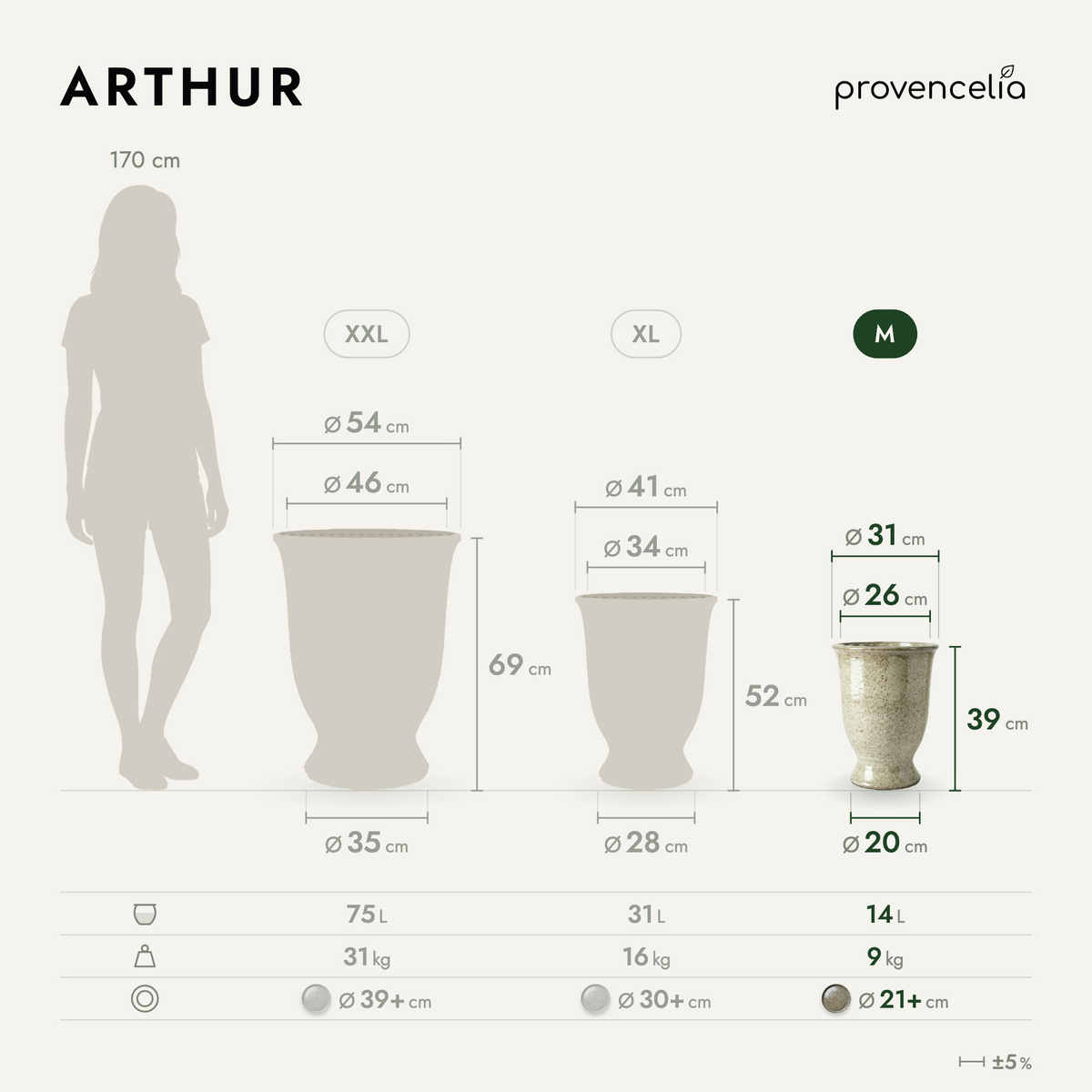 ARTHUR planter with base 32x39 cm Tiger-striped White glazed ceramic, diagram of the three sizes